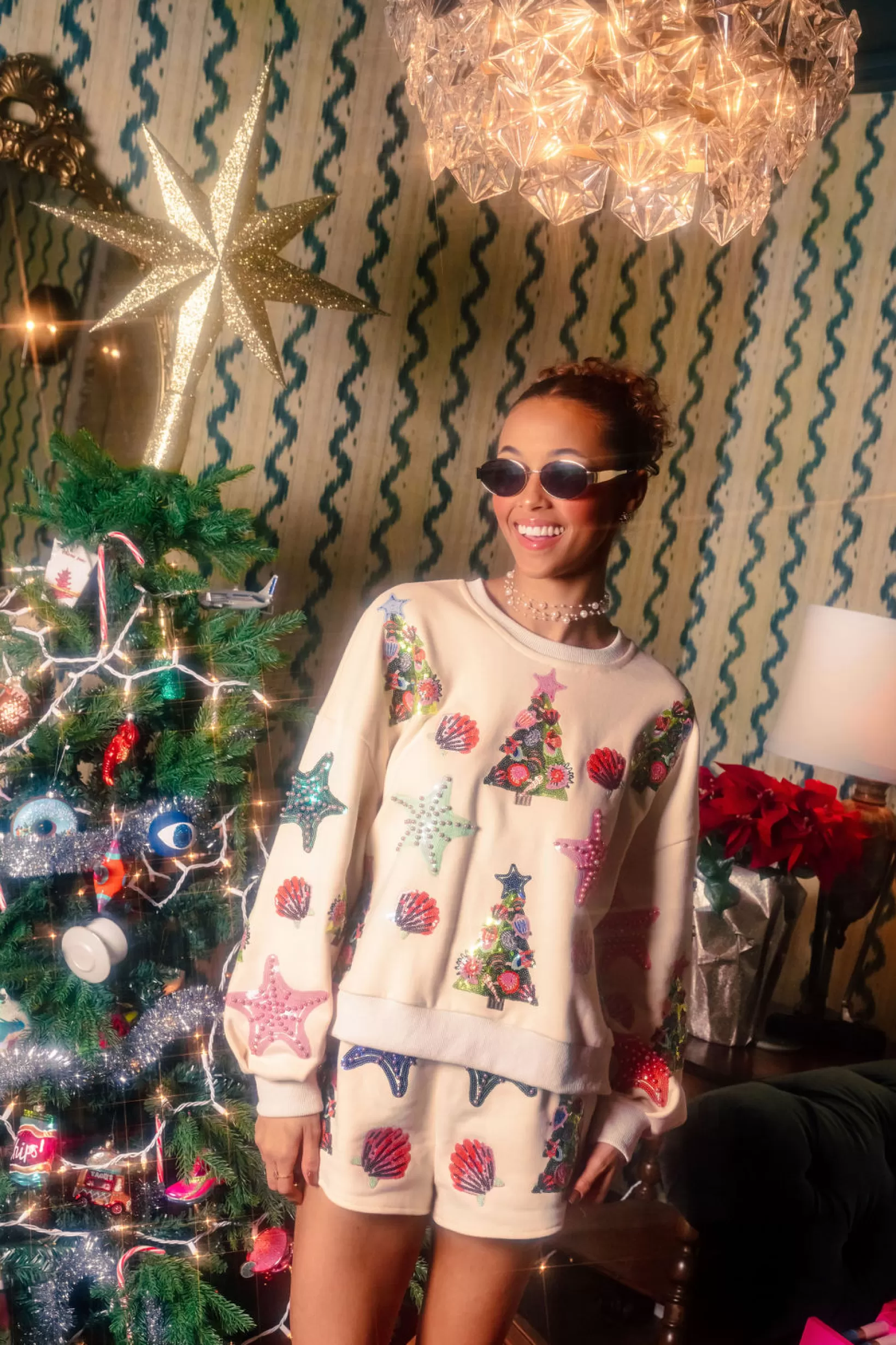 Flash Sale Queen of Sparkles Multi Shell & Christmas Tree Sweatshirt Beige