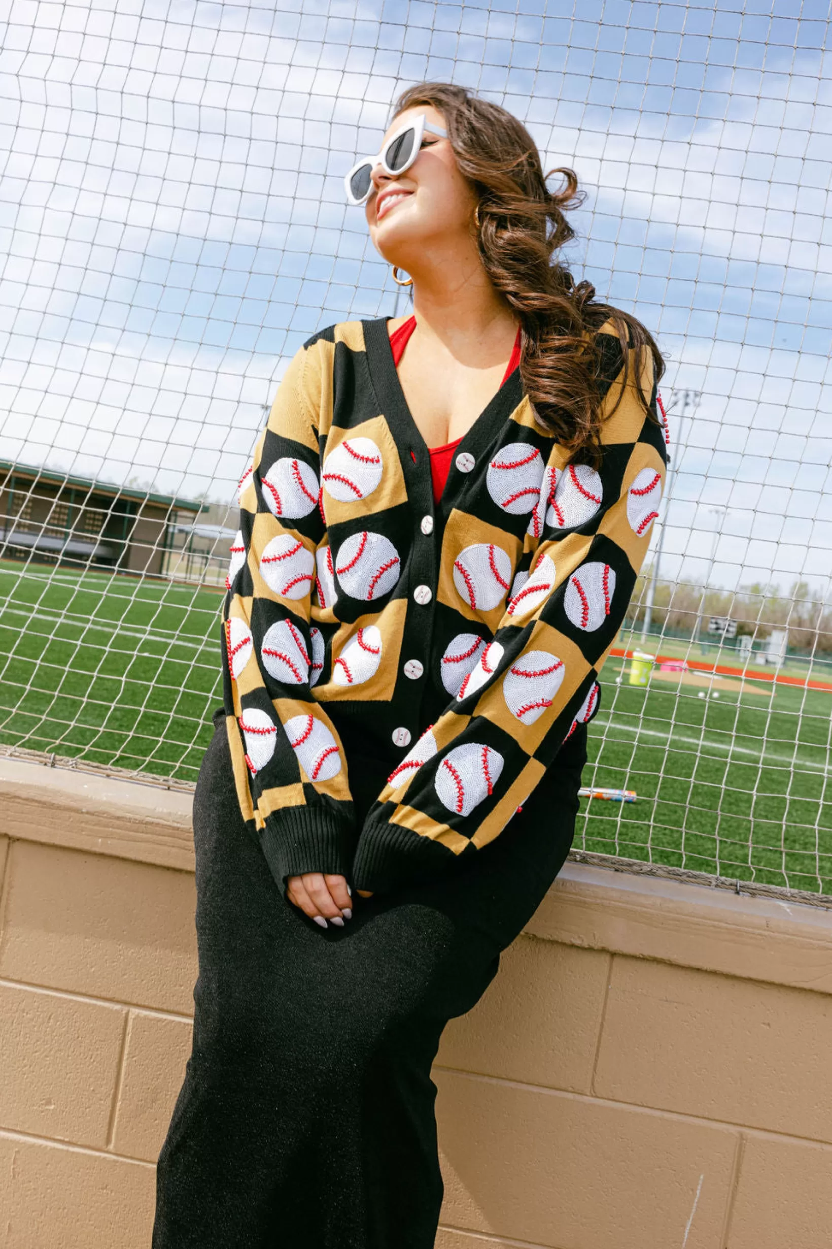 Fashion Queen of Sparkles & Gold Checkered Baseball Cardigan Black