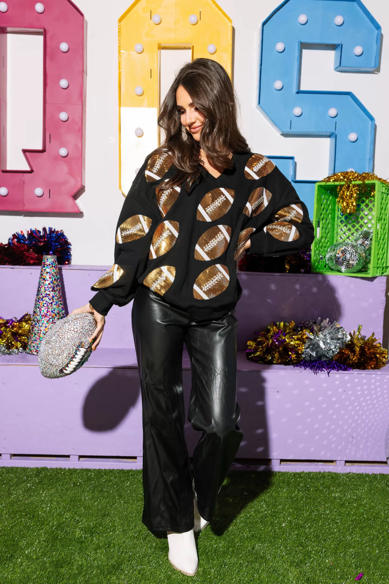 Hot Queen of Sparkles & Gold Rhinestone Lace Football Sweatshirt Black