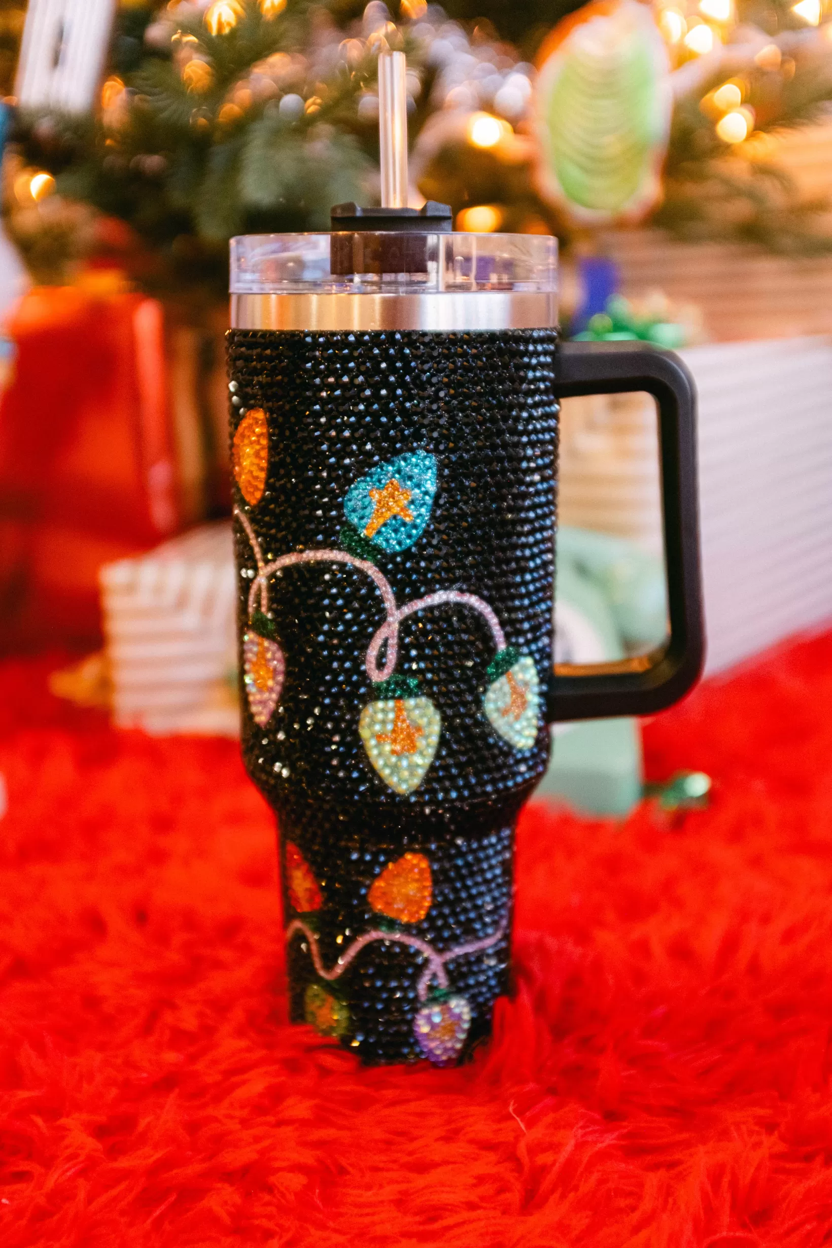 New Queen of Sparkles Multi Christmas Light Rhinestone Tumbler Black