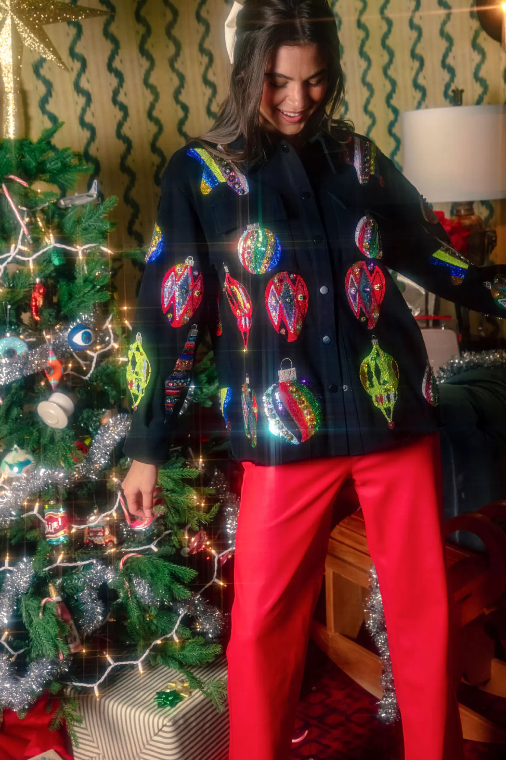 Store Queen of Sparkles Multi Color Ornaments Shacket Black
