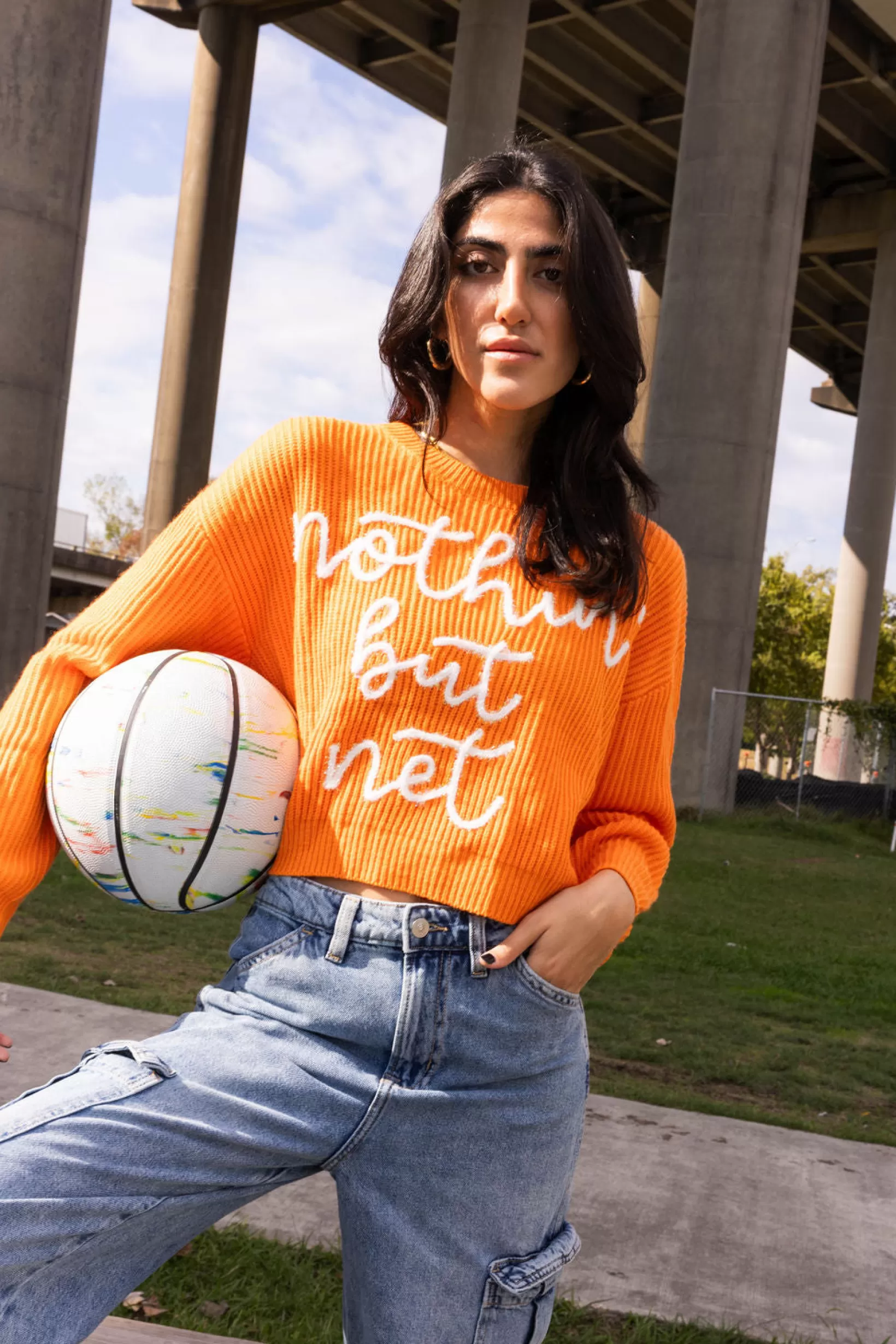 Flash Sale Queen of Sparkles 'Nothin But Net' Glitter Script Sweater Bright Orange