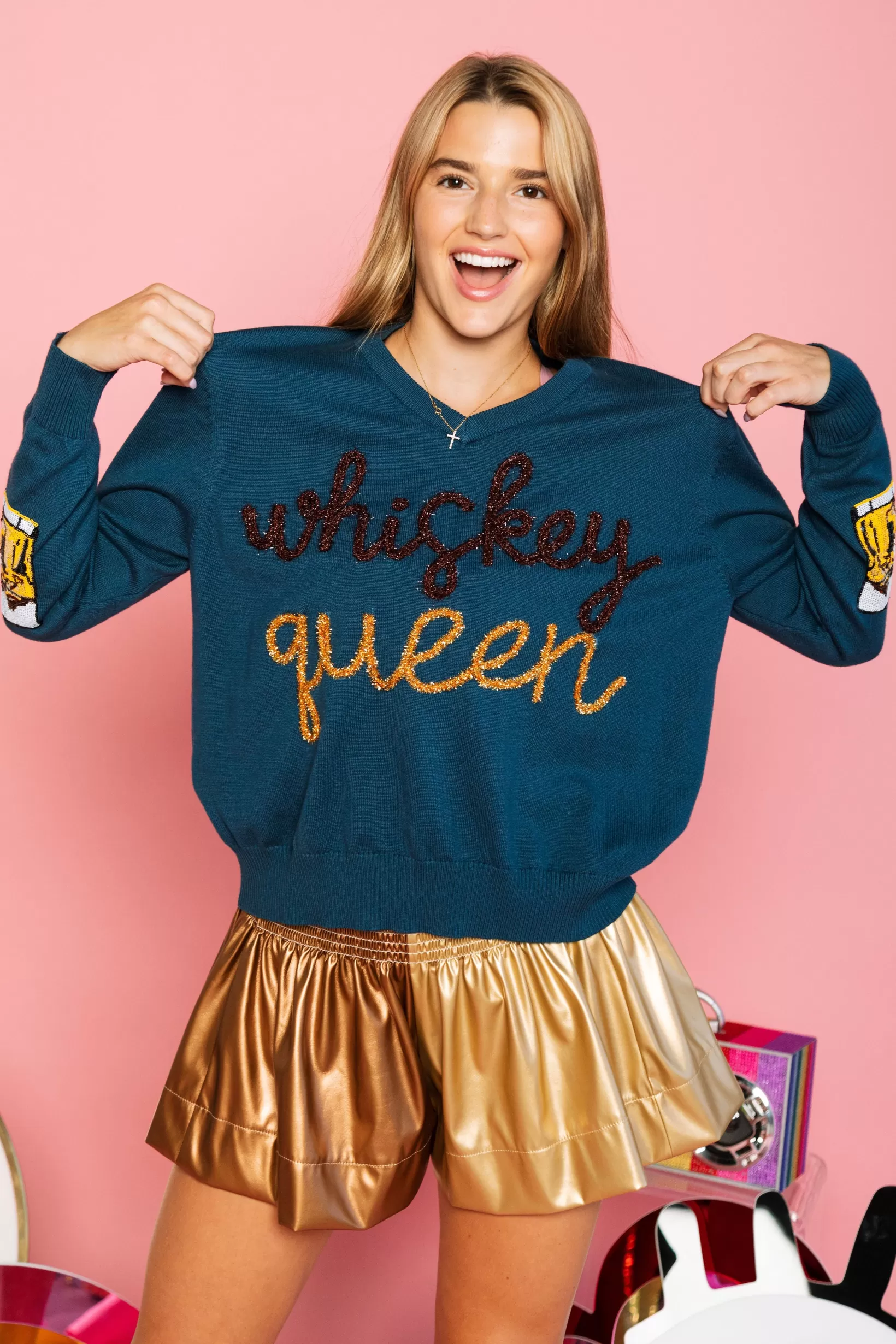 Shop Queen of Sparkles Bronze & Gold Leather Swing Shorts