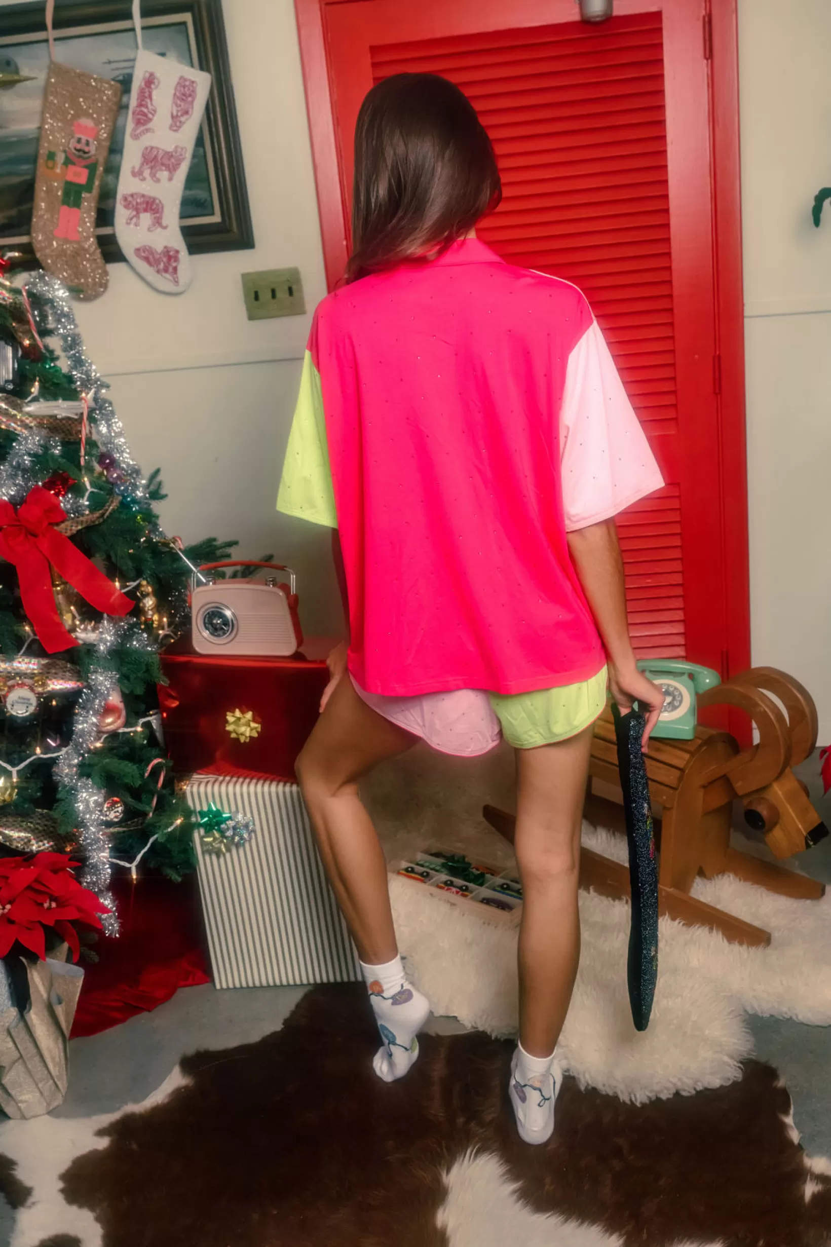 Cheap Queen of Sparkles Colorblock Nutcracker Band Pajama Top Pink/Green