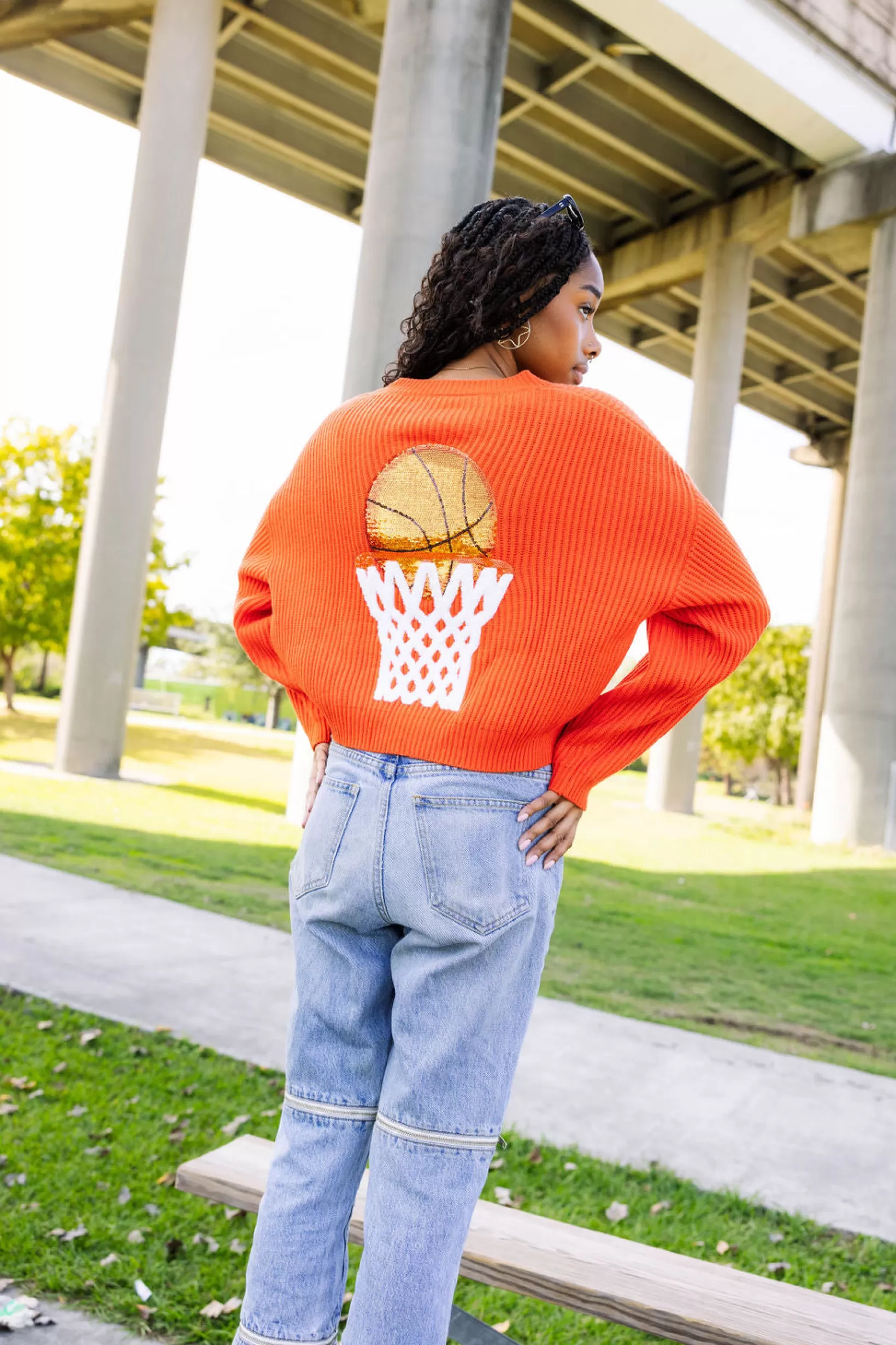 Hot Queen of Sparkles 'Nothin But Net' Glitter Script Sweater Dark Orange