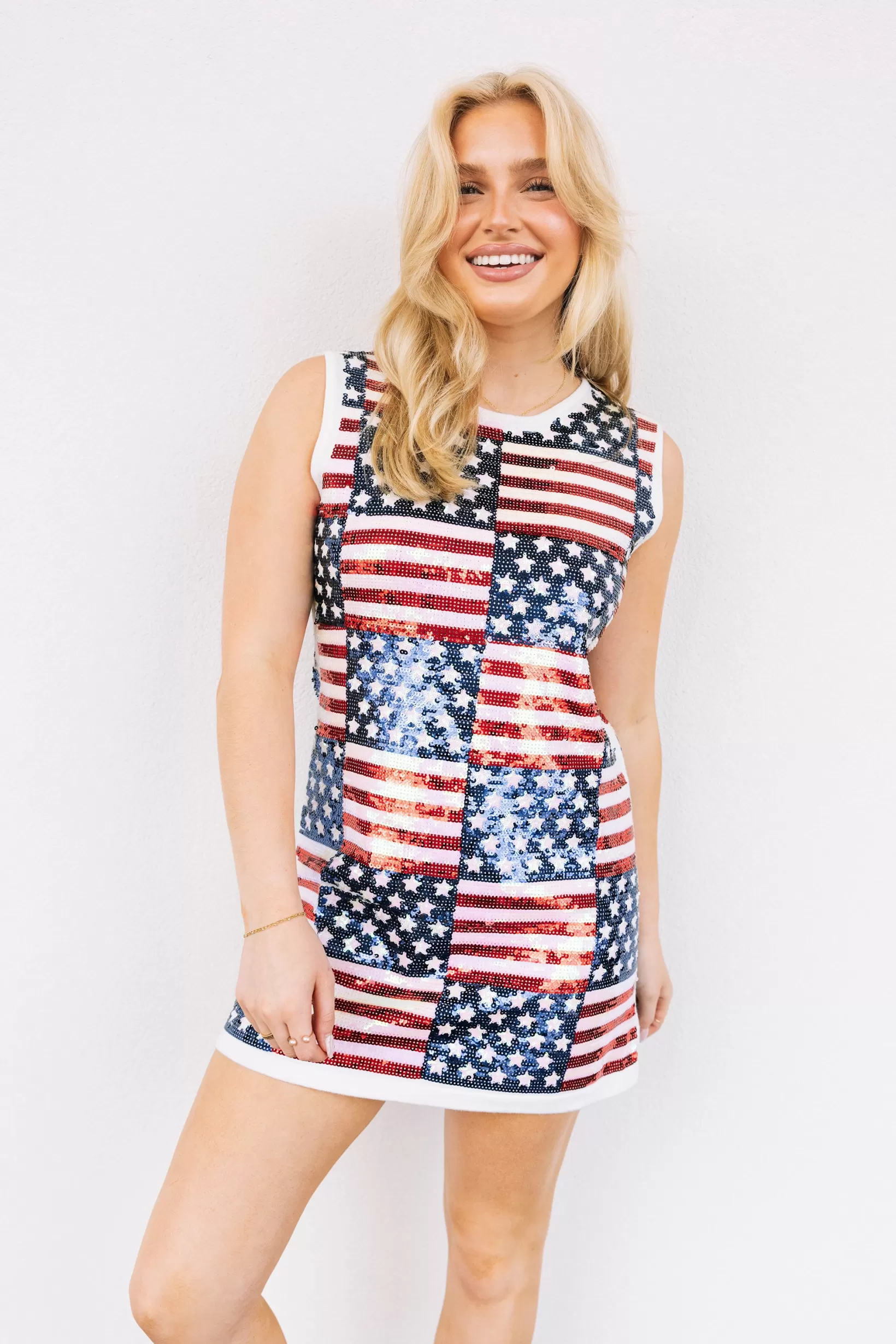 Store Queen of Sparkles Full Sequin Stars & Stripes Tank Dress White