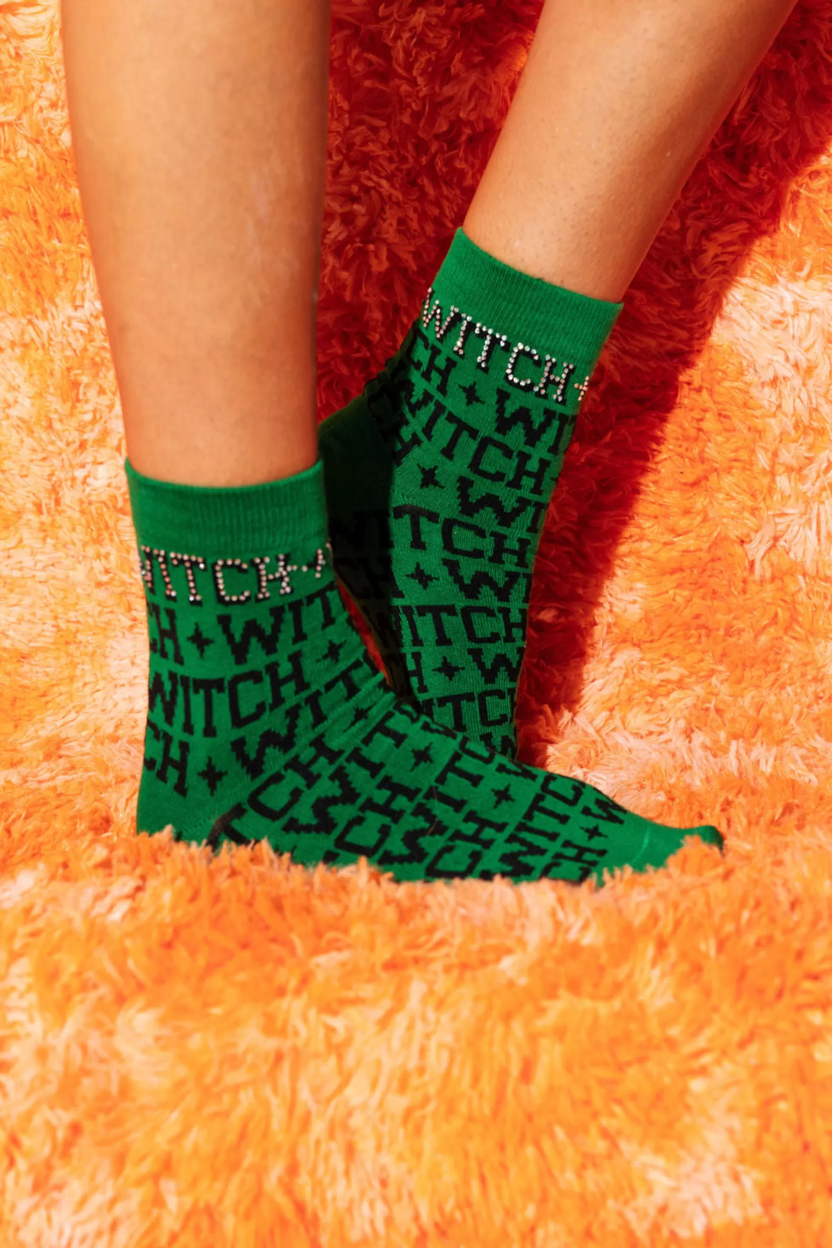 New Queen of Sparkles & Black Witch Rhinestone Socks Green