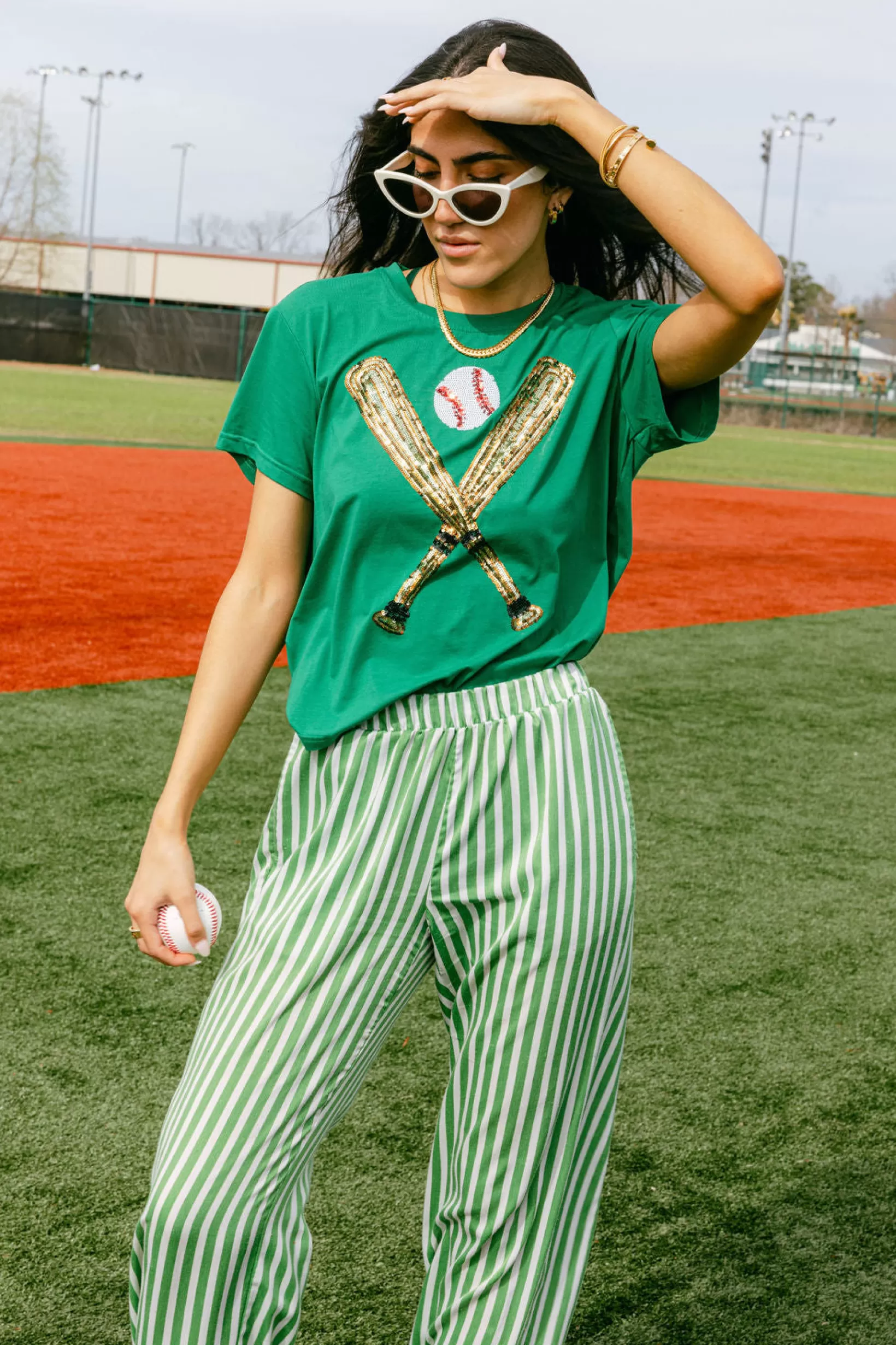 Outlet Queen of Sparkles & Gold Baseball Tee Green