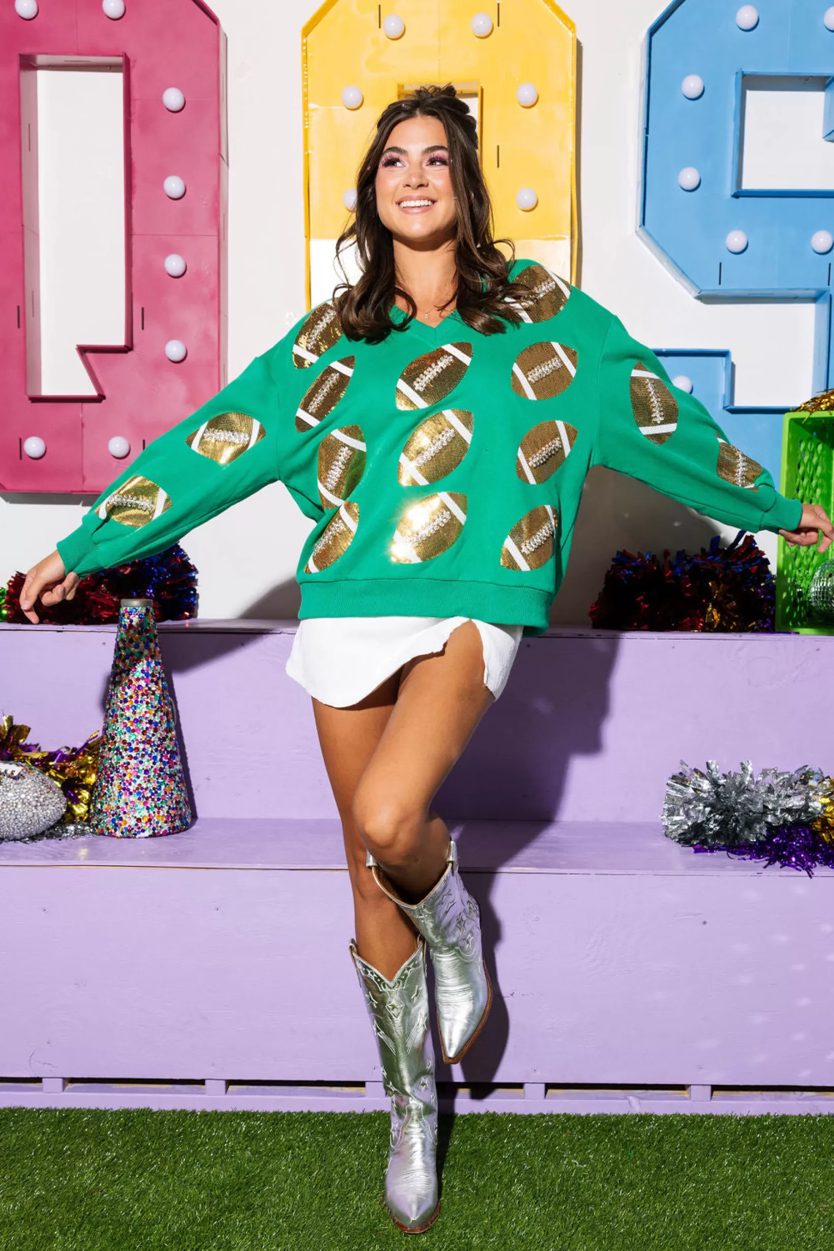 Shop Queen of Sparkles & Gold Rhinestone Lace Football Sweatshirt Green