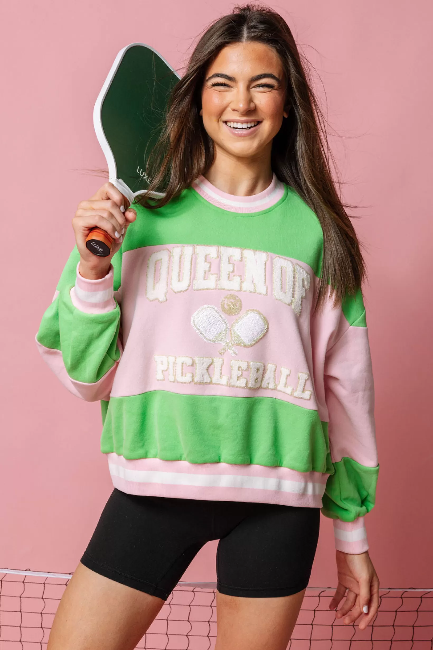 Outlet Queen of Sparkles Green & Pink Stripe Pickle Ball Sweatshirt Green/Pink