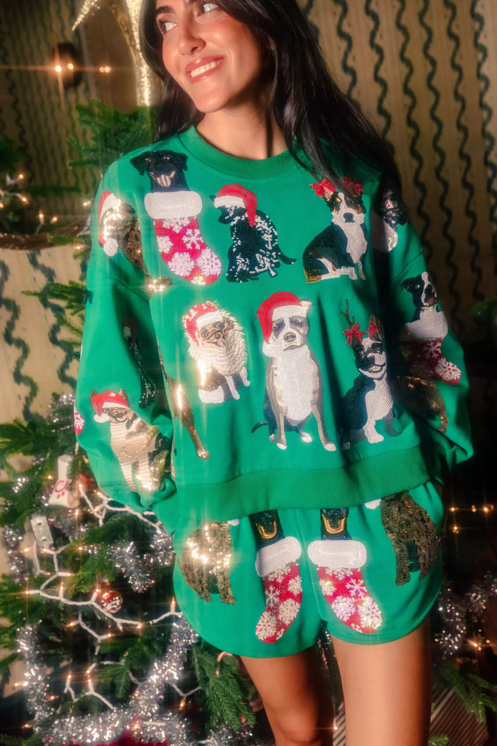 New Queen of Sparkles Christmas Puppies Sweatshirt Green