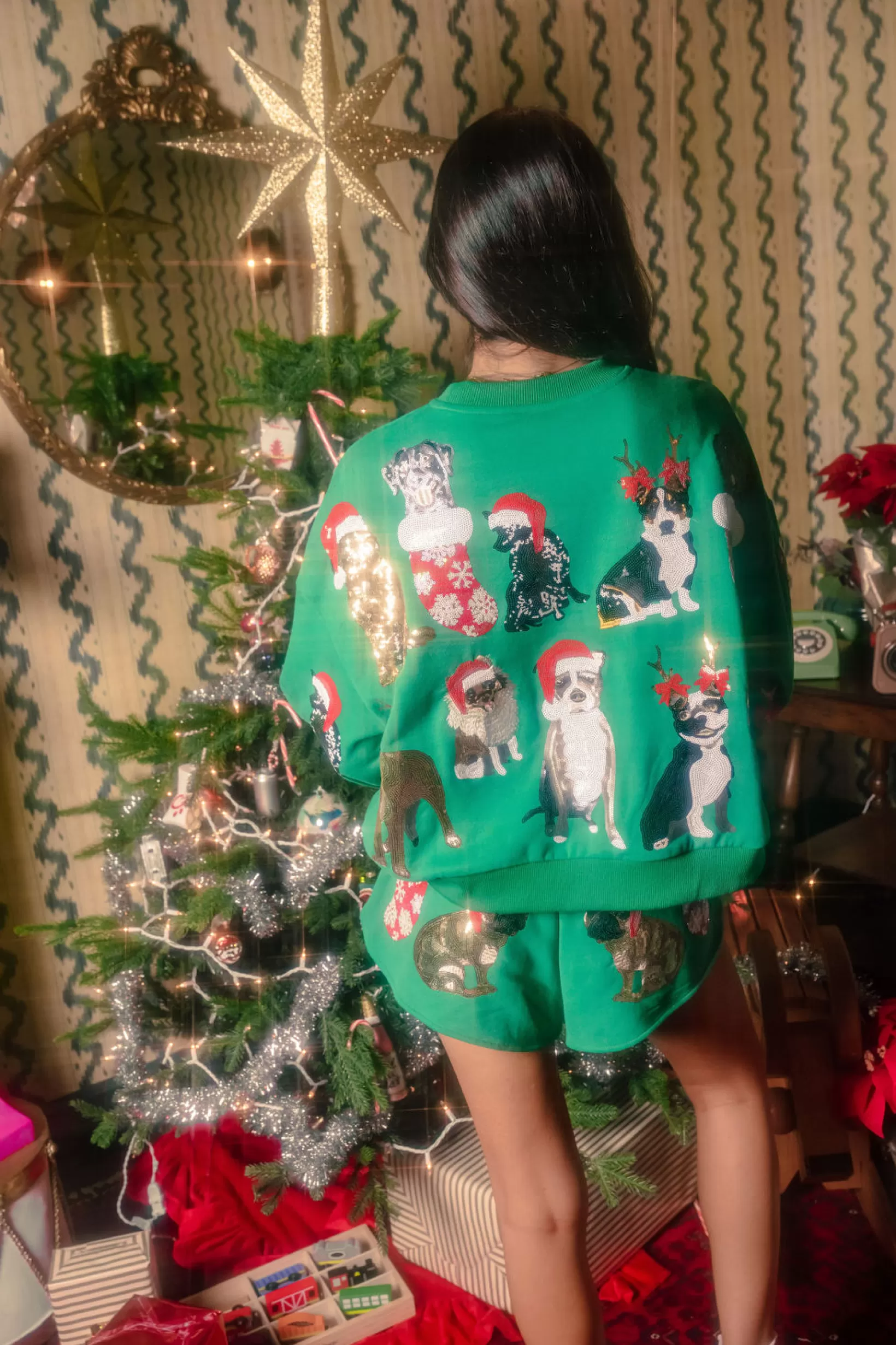 New Queen of Sparkles Christmas Puppies Sweatshirt Green