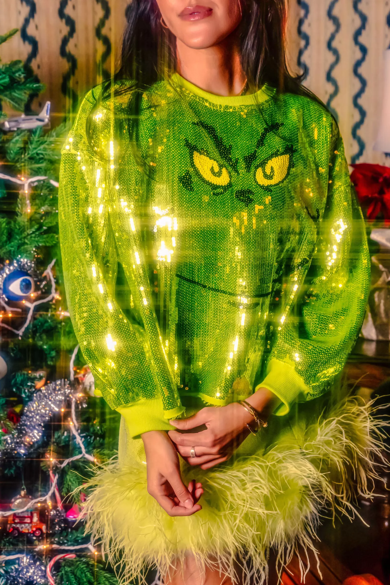 Shop Queen of Sparkles Grinch Full Sequin Sweatshirt Green