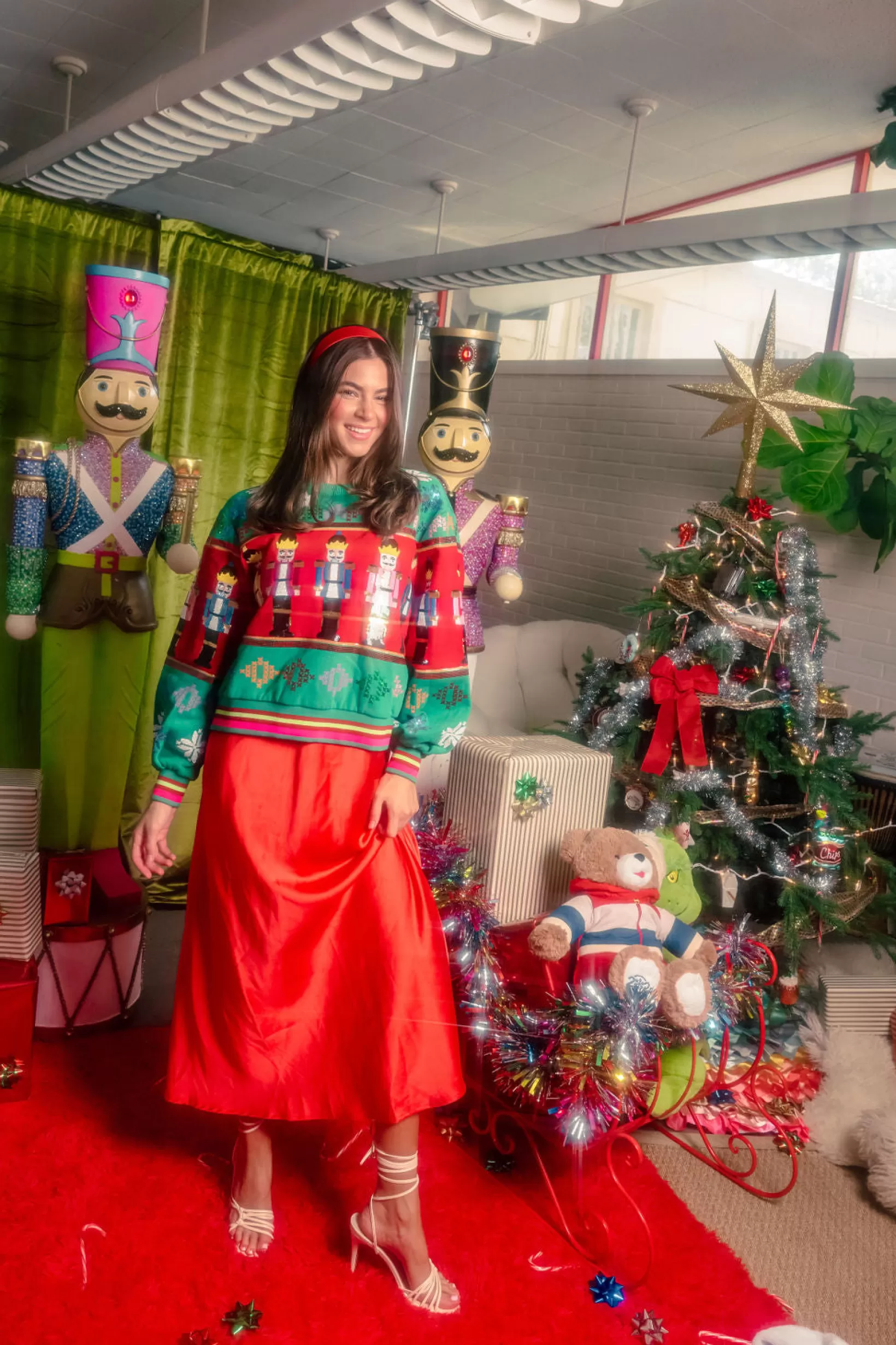 Outlet Queen of Sparkles Multi Vintage Nutcracker & Needlepoint Snowflake Sweatshirt Green
