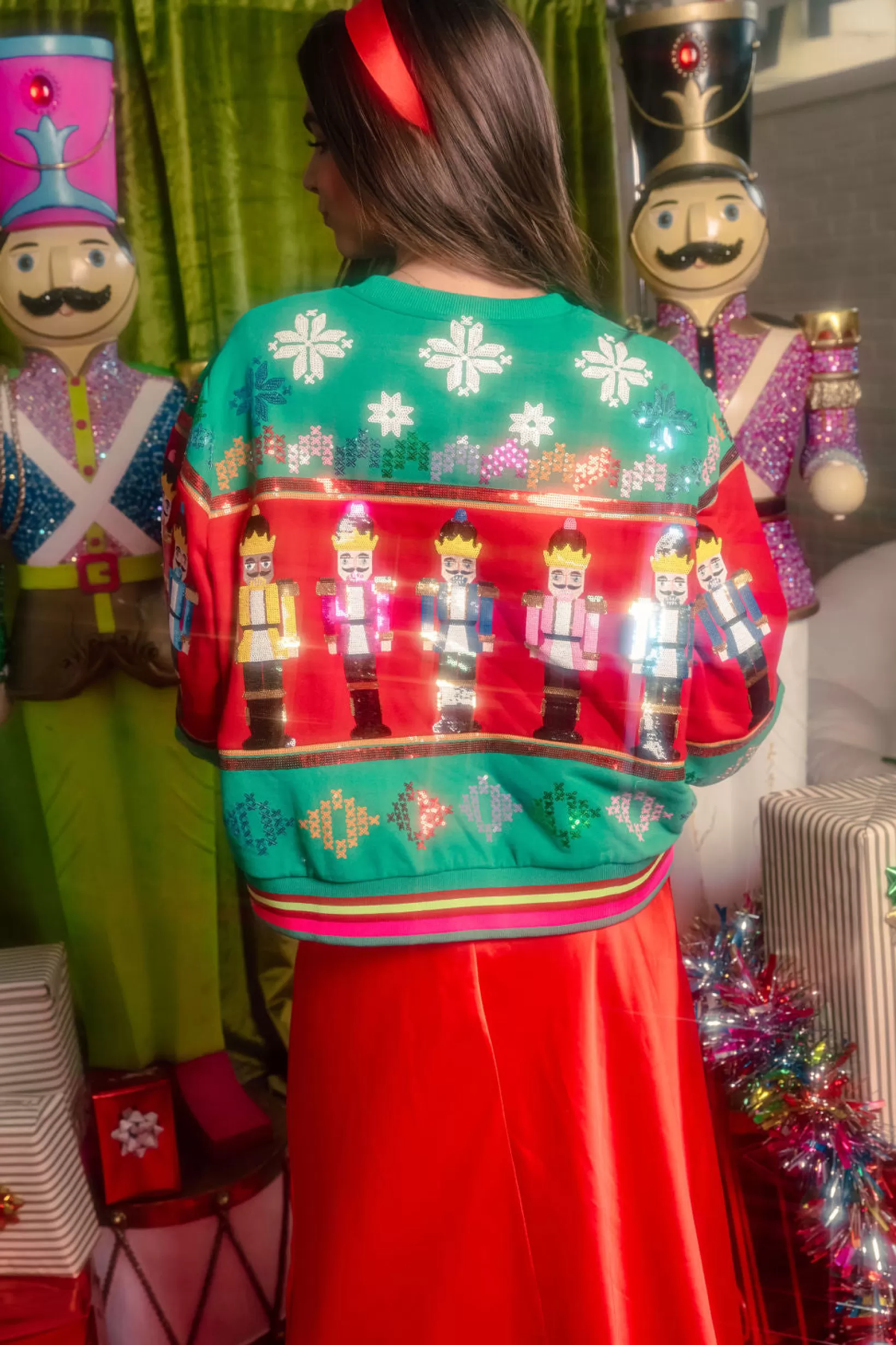 Outlet Queen of Sparkles Multi Vintage Nutcracker & Needlepoint Snowflake Sweatshirt Green