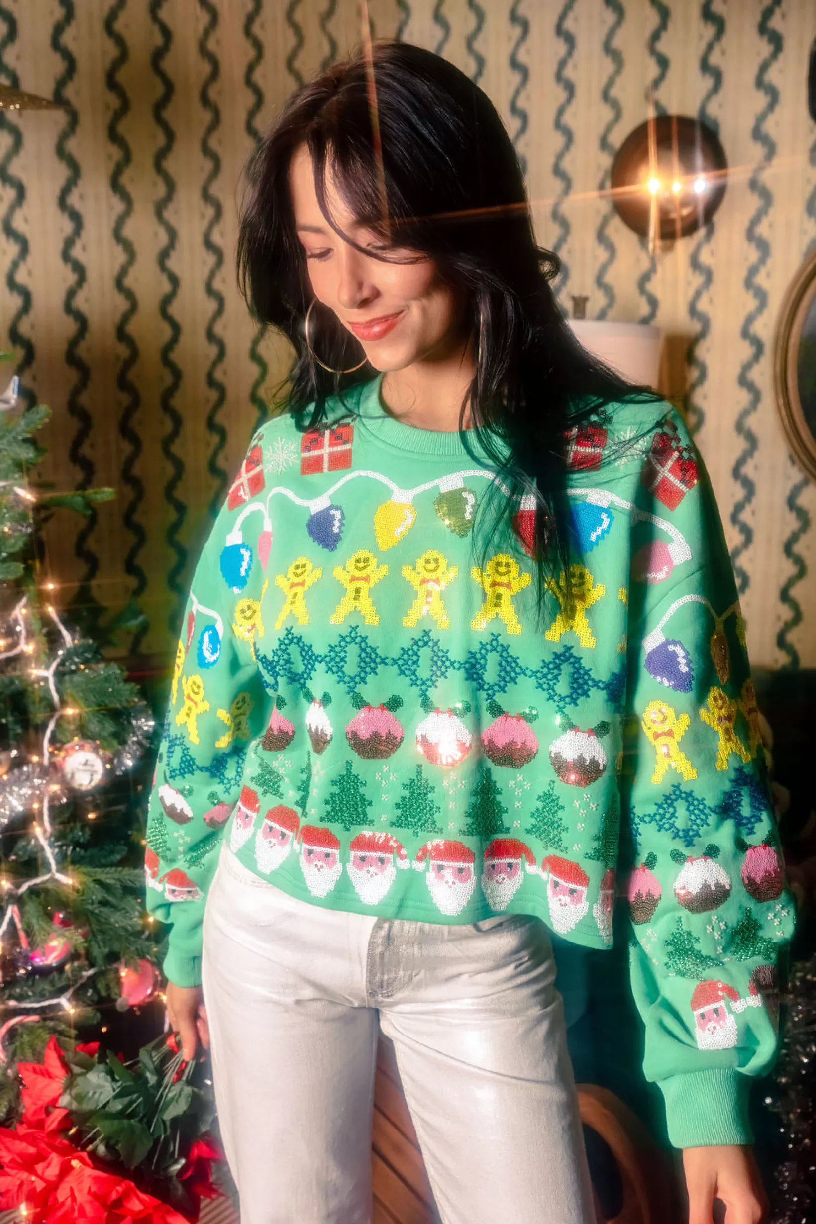 Online Queen of Sparkles Needlepoint Christmas Icons Sweatshirt Green