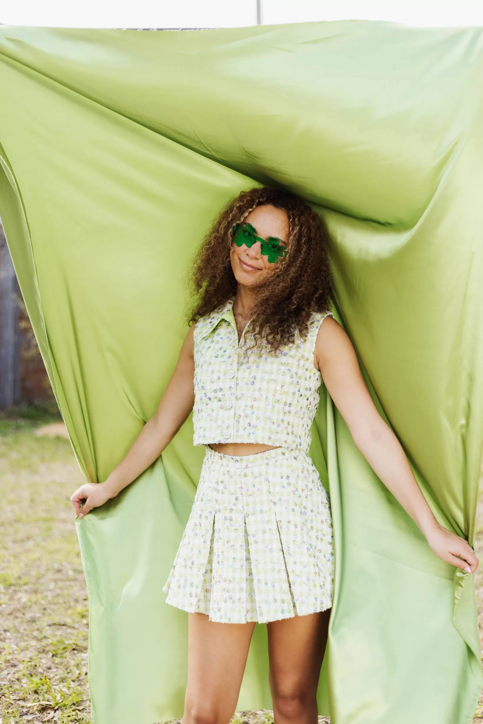 Cheap Queen of Sparkles Green Tweed Pleated Skort