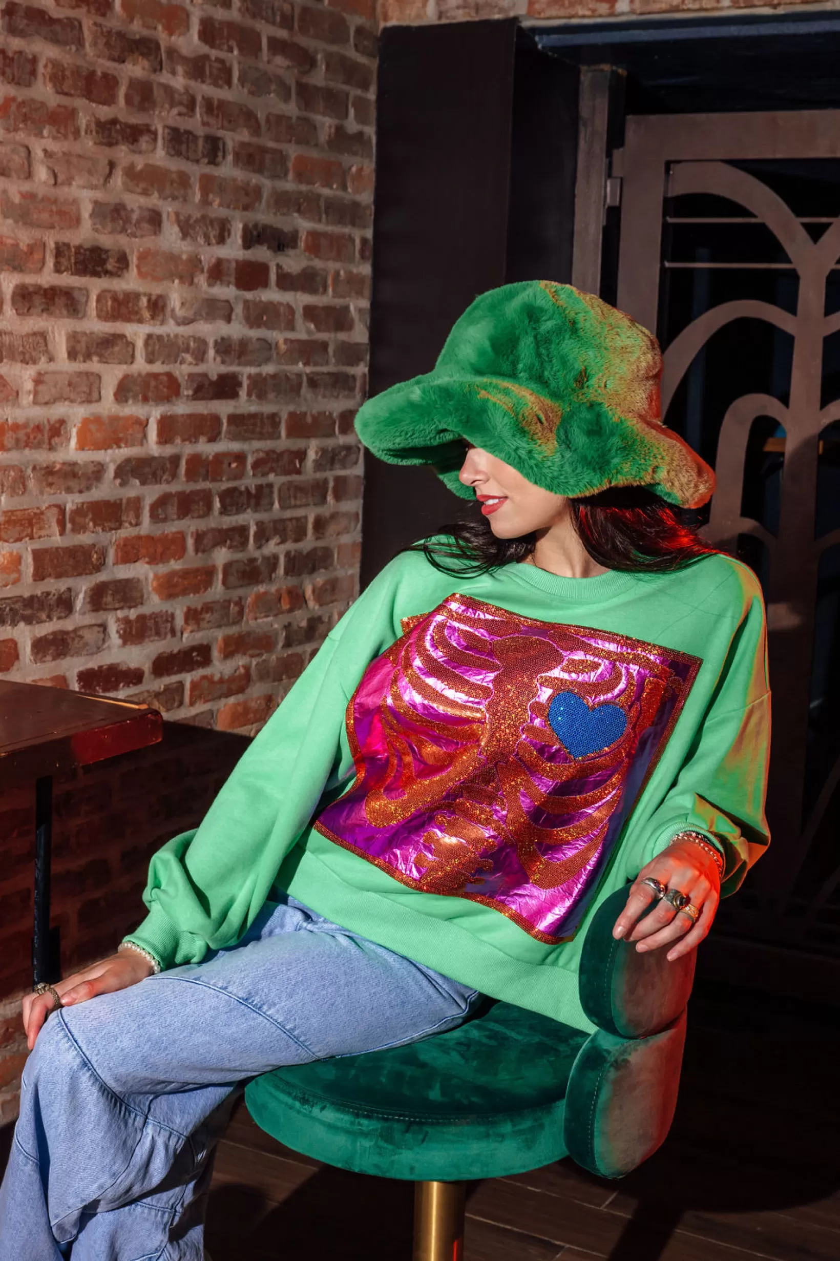 Online Queen of Sparkles X Ray Heart Sweatshirt Green