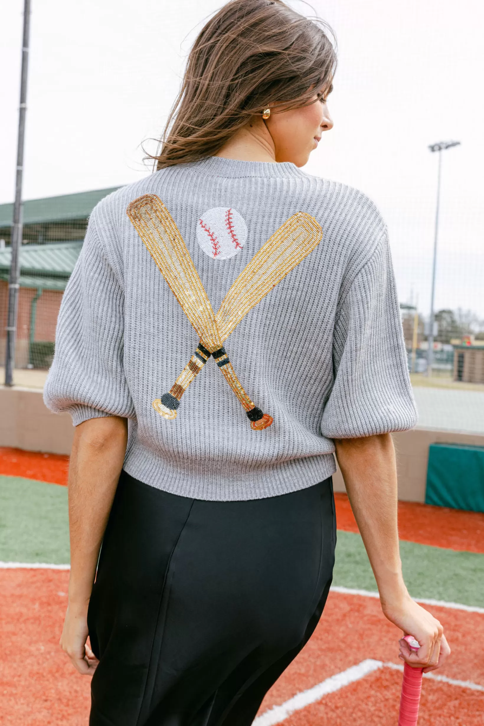 Flash Sale Queen of Sparkles 'Hey Batter Batter' Glitter Script Sweater Grey