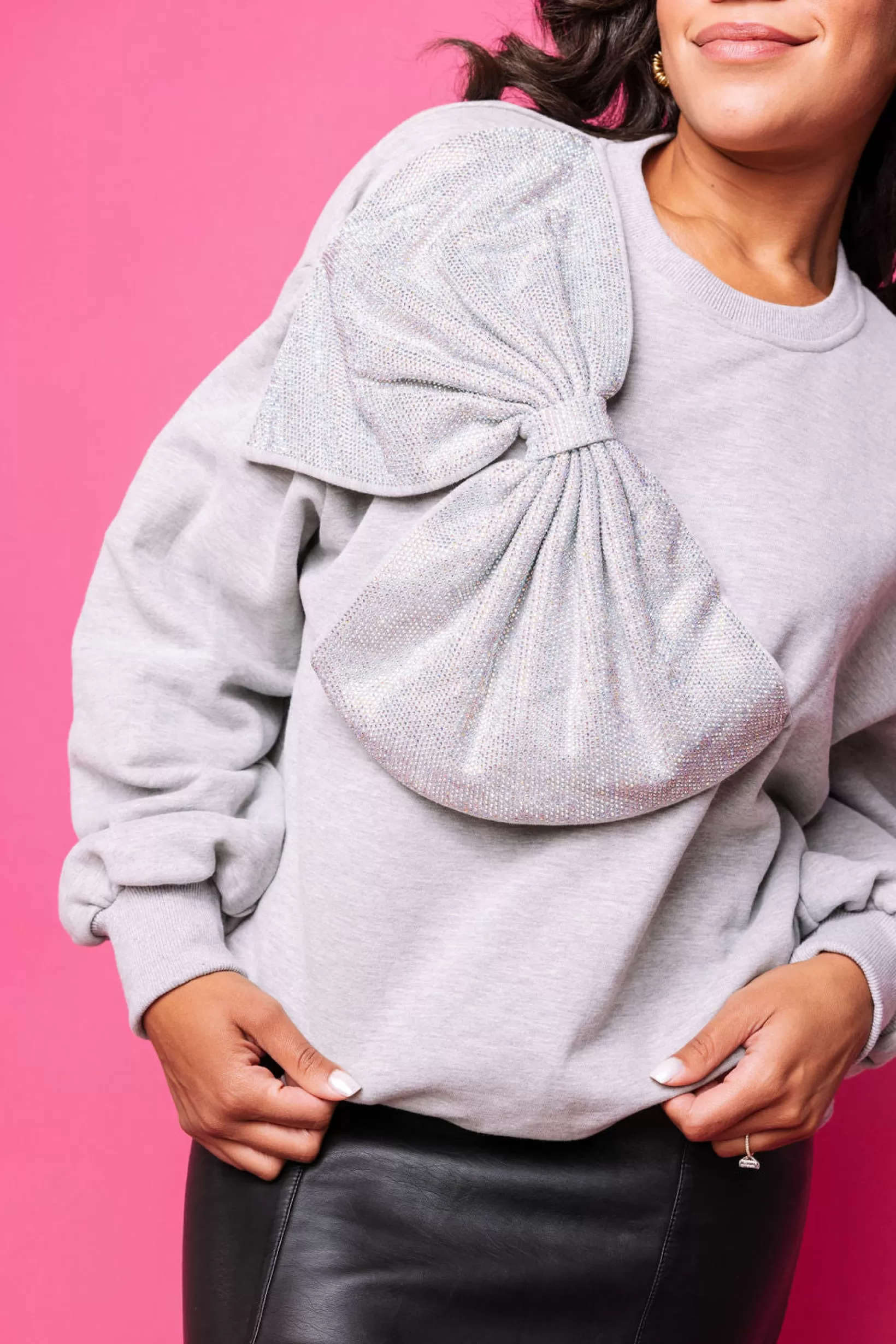 Store Queen of Sparkles Rhinestone Oversized Bow Sweatshirt Grey