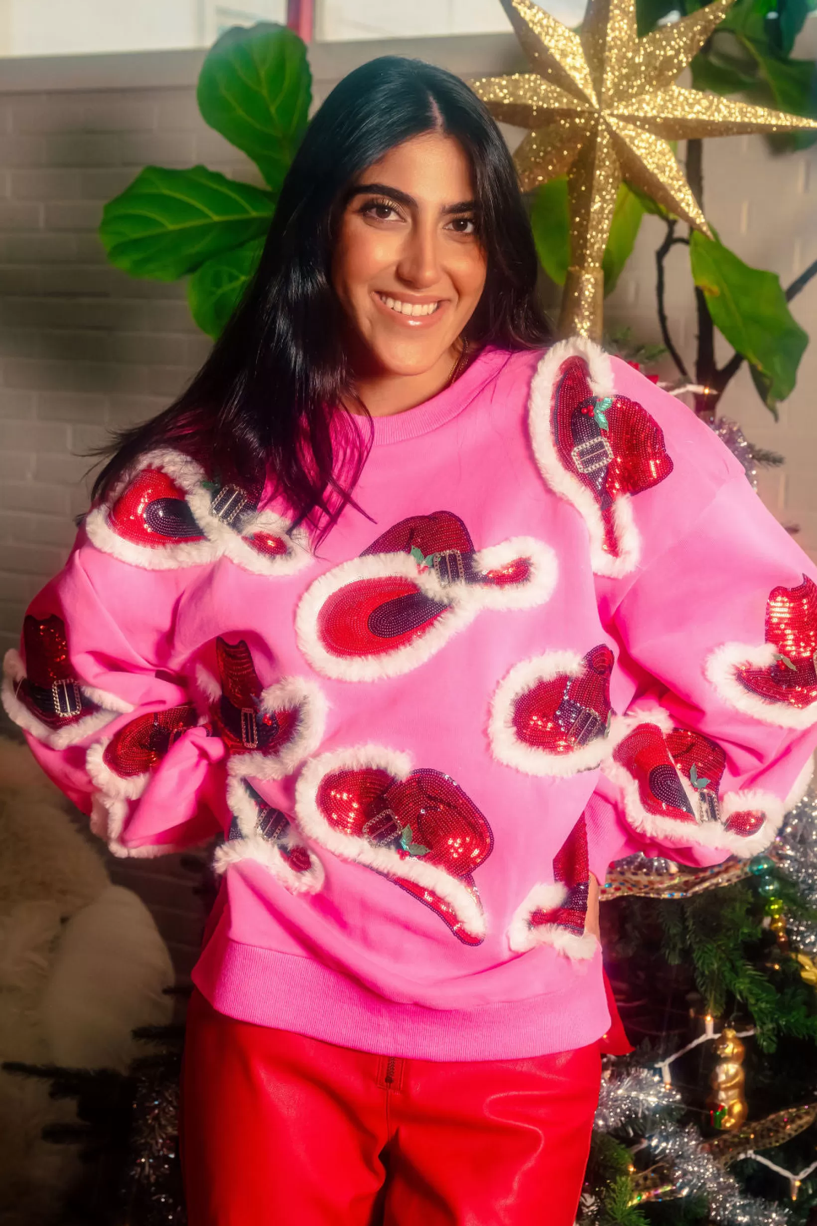 Outlet Queen of Sparkles Christmas Cowboy Hat Sweatshirt Hot Pink