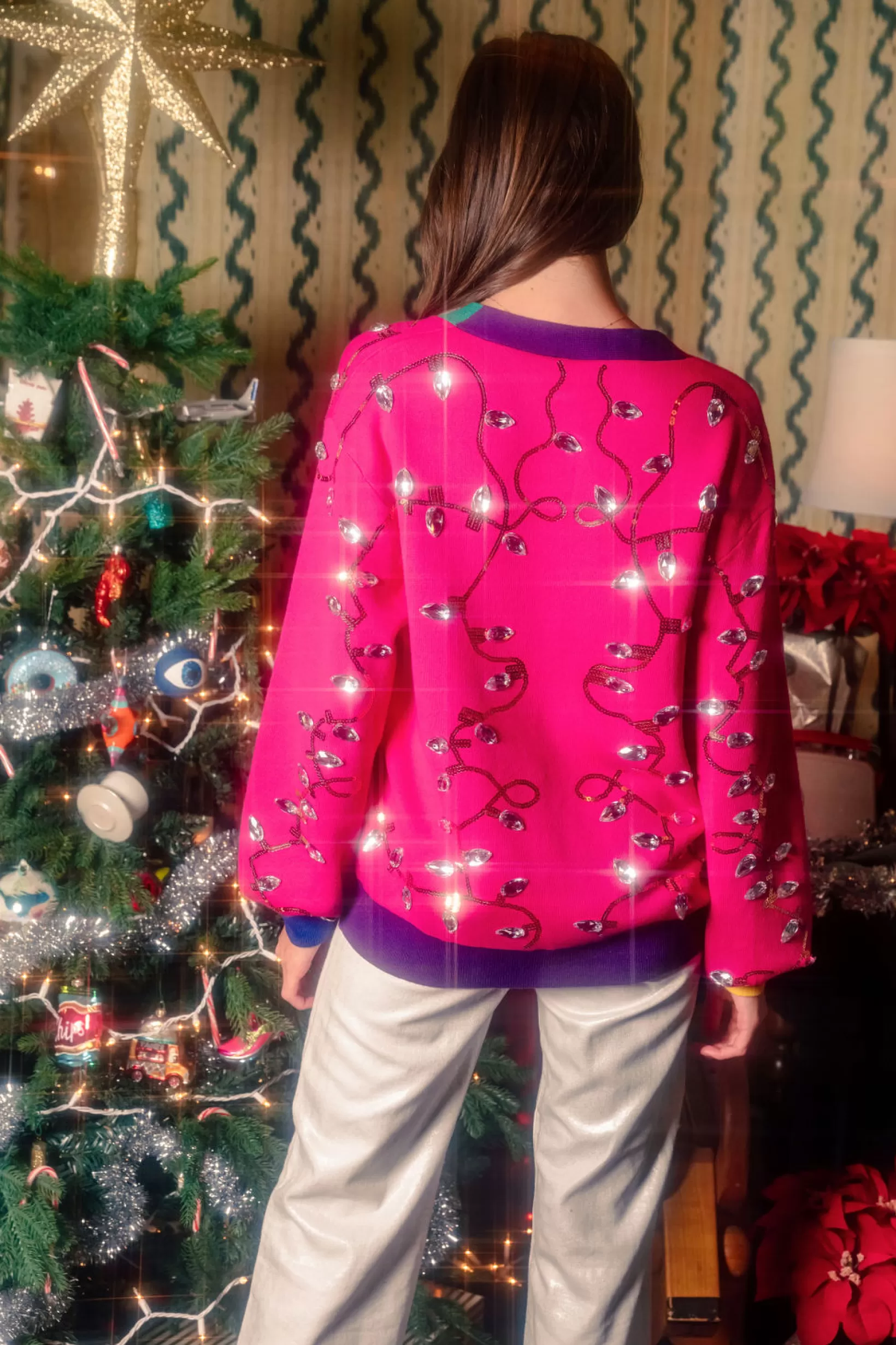 Clearance Queen of Sparkles Colorblock Jeweled Christmas Lights Sweater Cardigan Hot Pink
