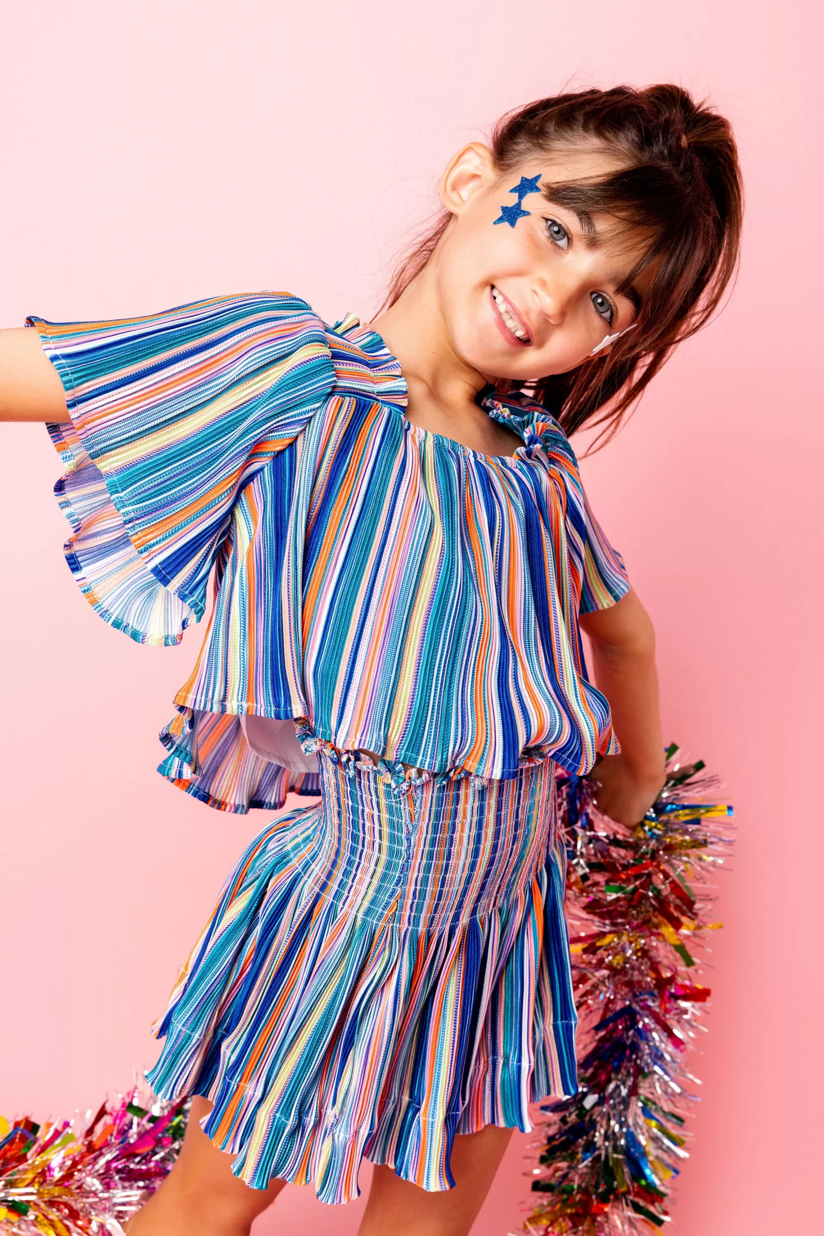 Discount Queen of Sparkles Kids Blue Rainbow Stripe Flutter Top