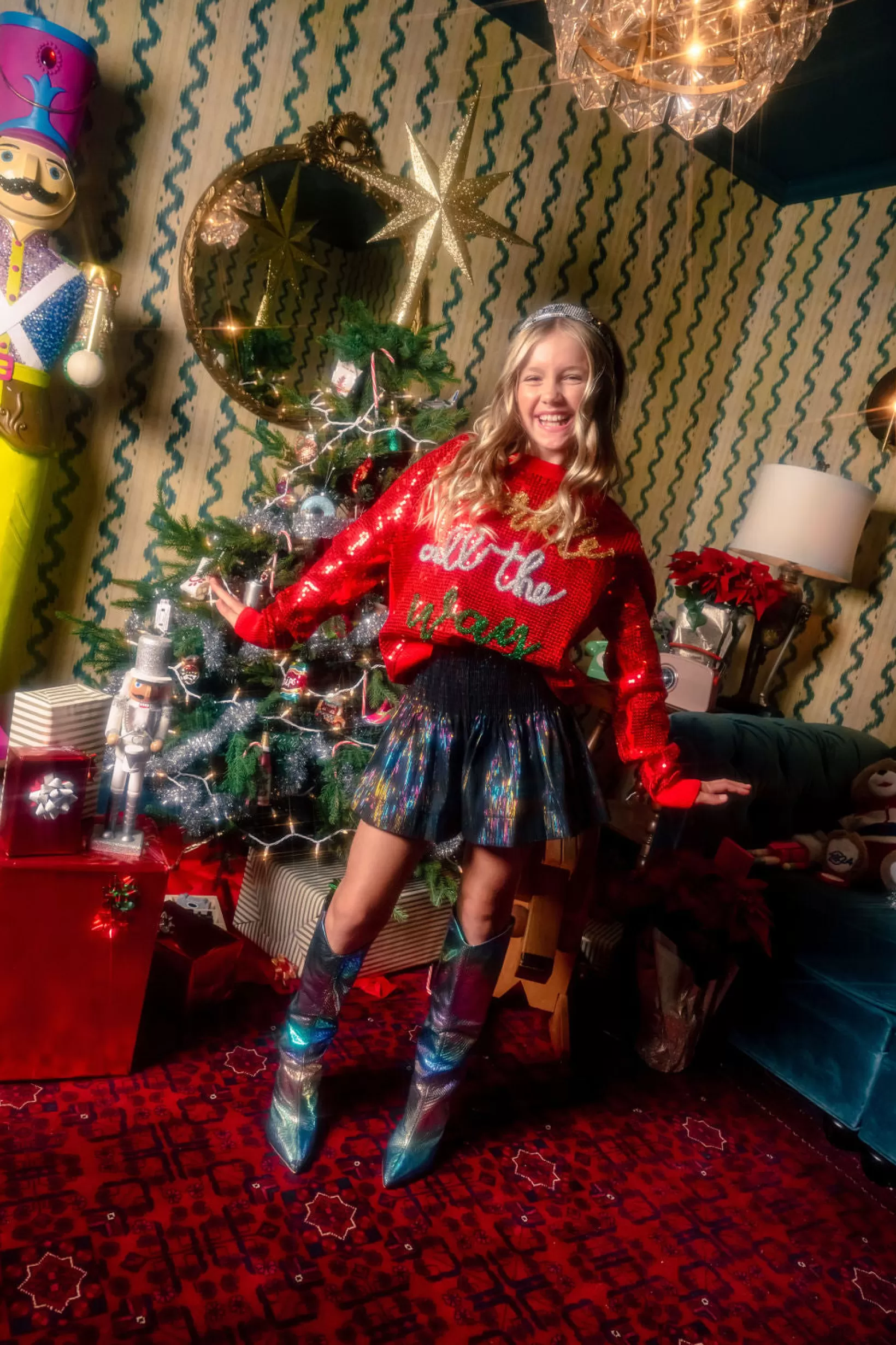 Store Queen of Sparkles Kids Full Sequin Sparkle All the Way Red Sparkle Sweater