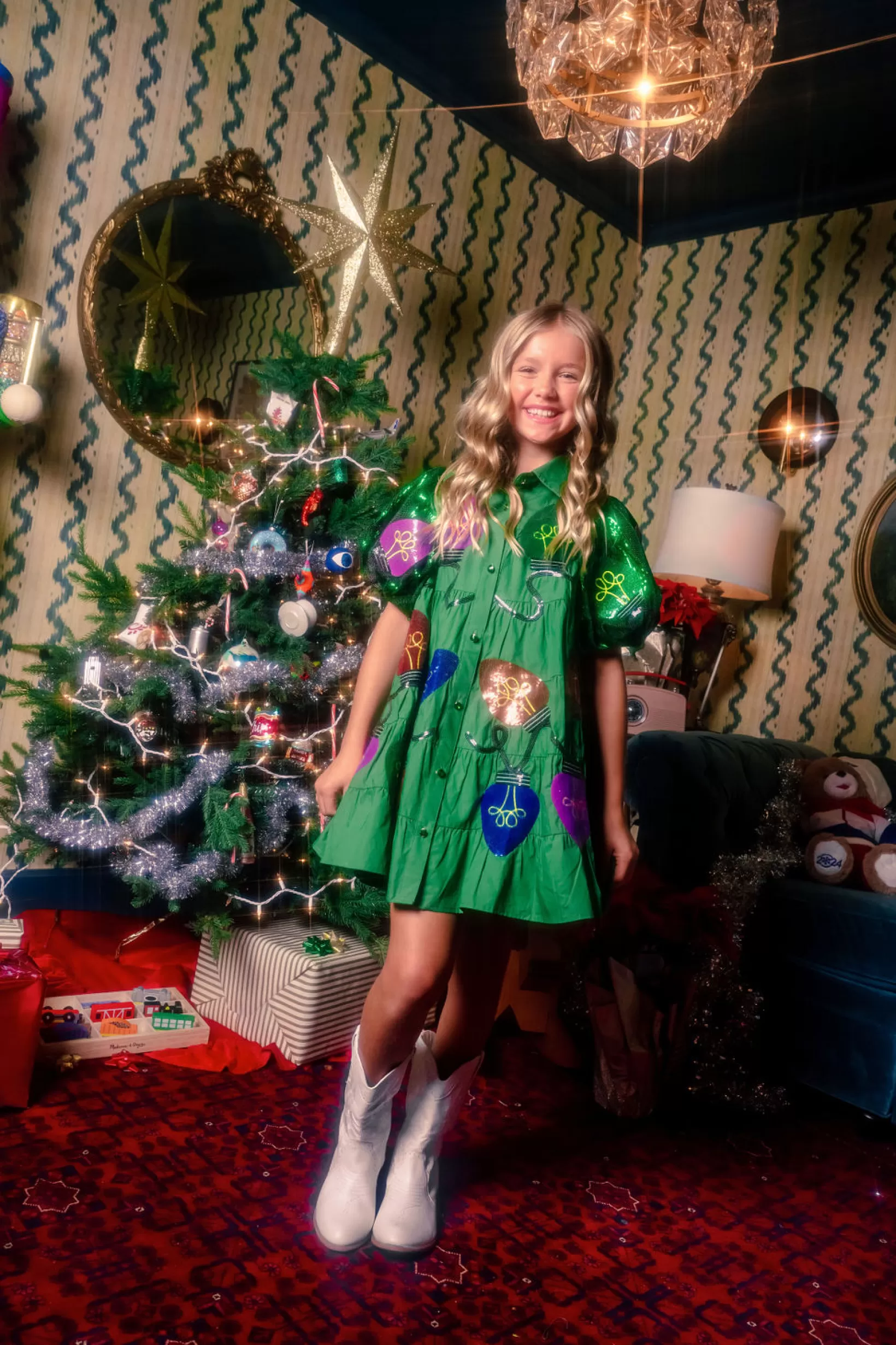 Discount Queen of Sparkles Kids Christmas Light Sequin Poof Sleeve Dress Green