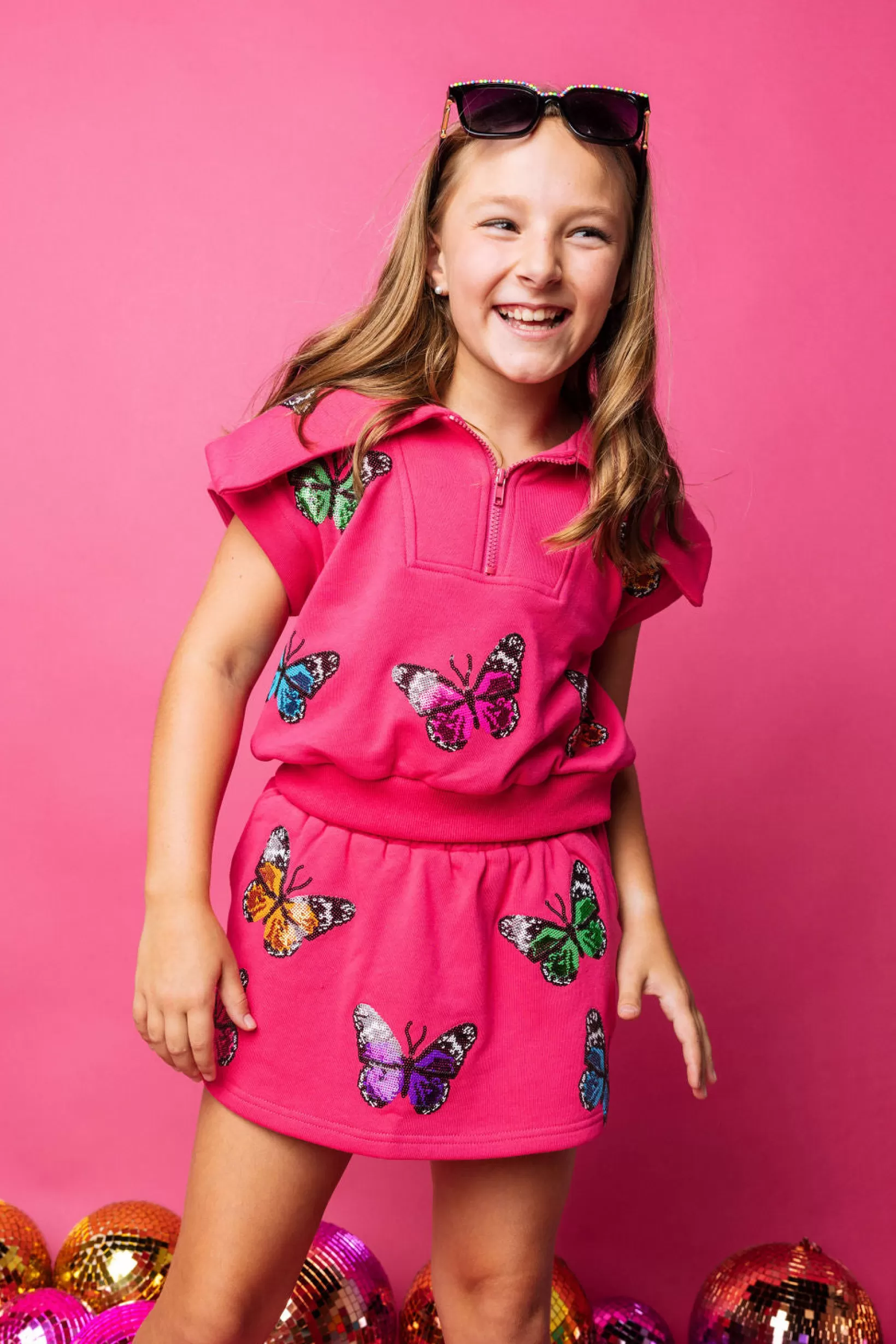 New Queen of Sparkles Kids Multi Butterfly Collar Top Hot Pink