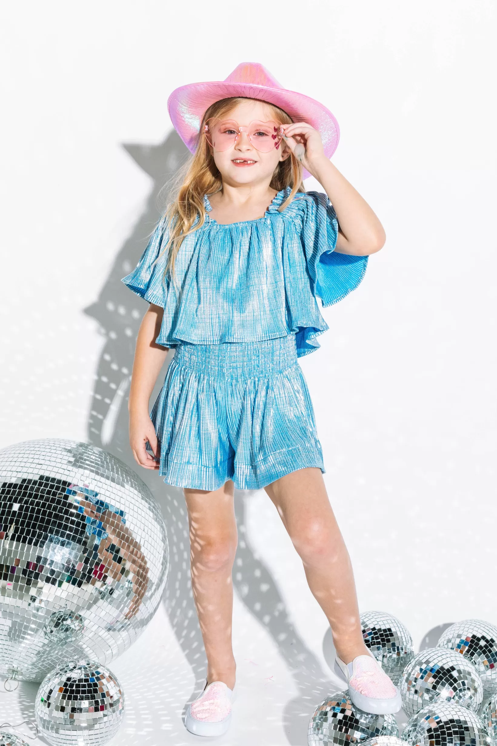 Shop Queen of Sparkles Kids Light Blue/Silver Ribbed Flutter Top