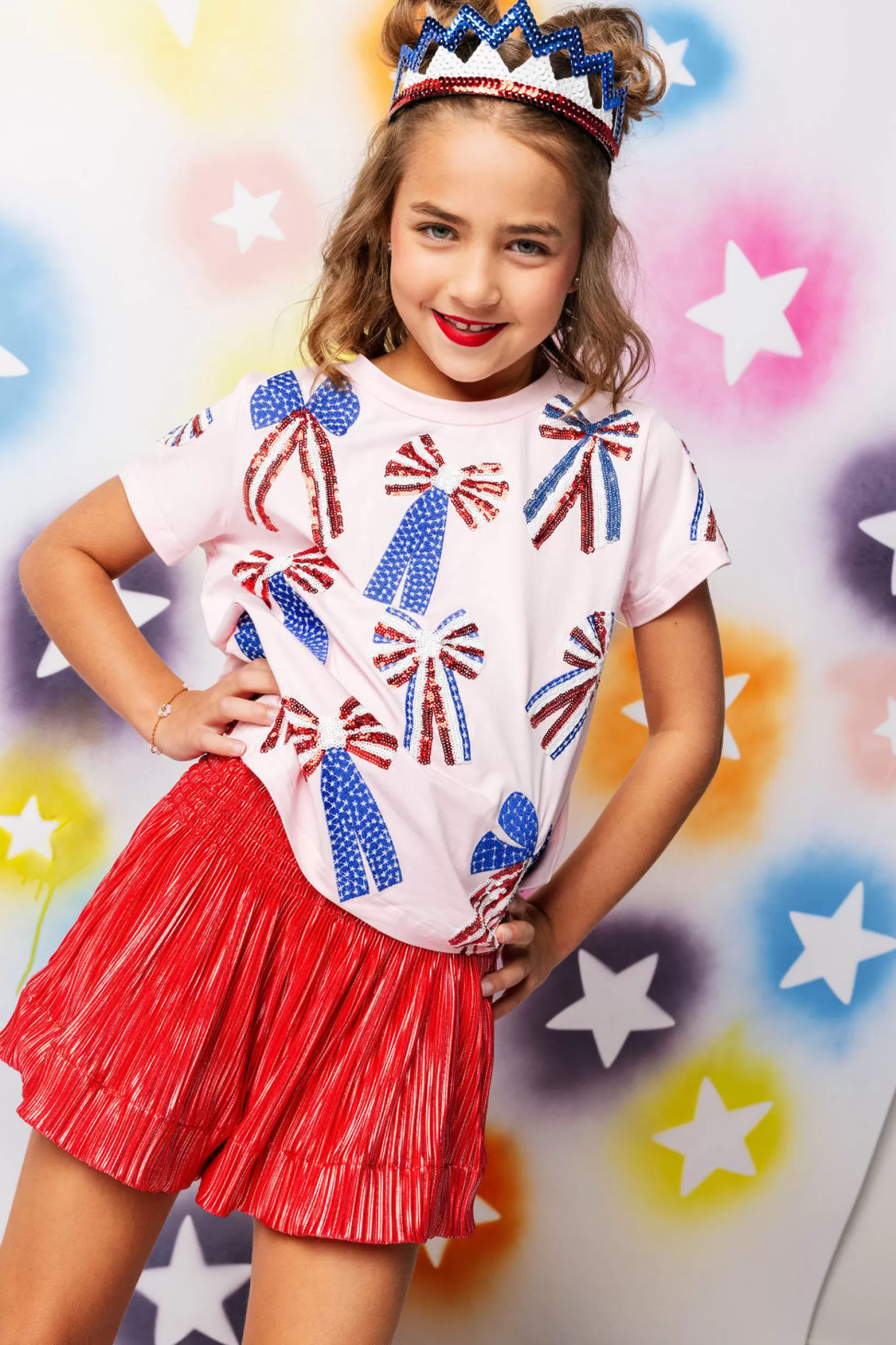 Store Queen of Sparkles Kids , Red, White, & Blue Scattered Bow Tee Light Pink