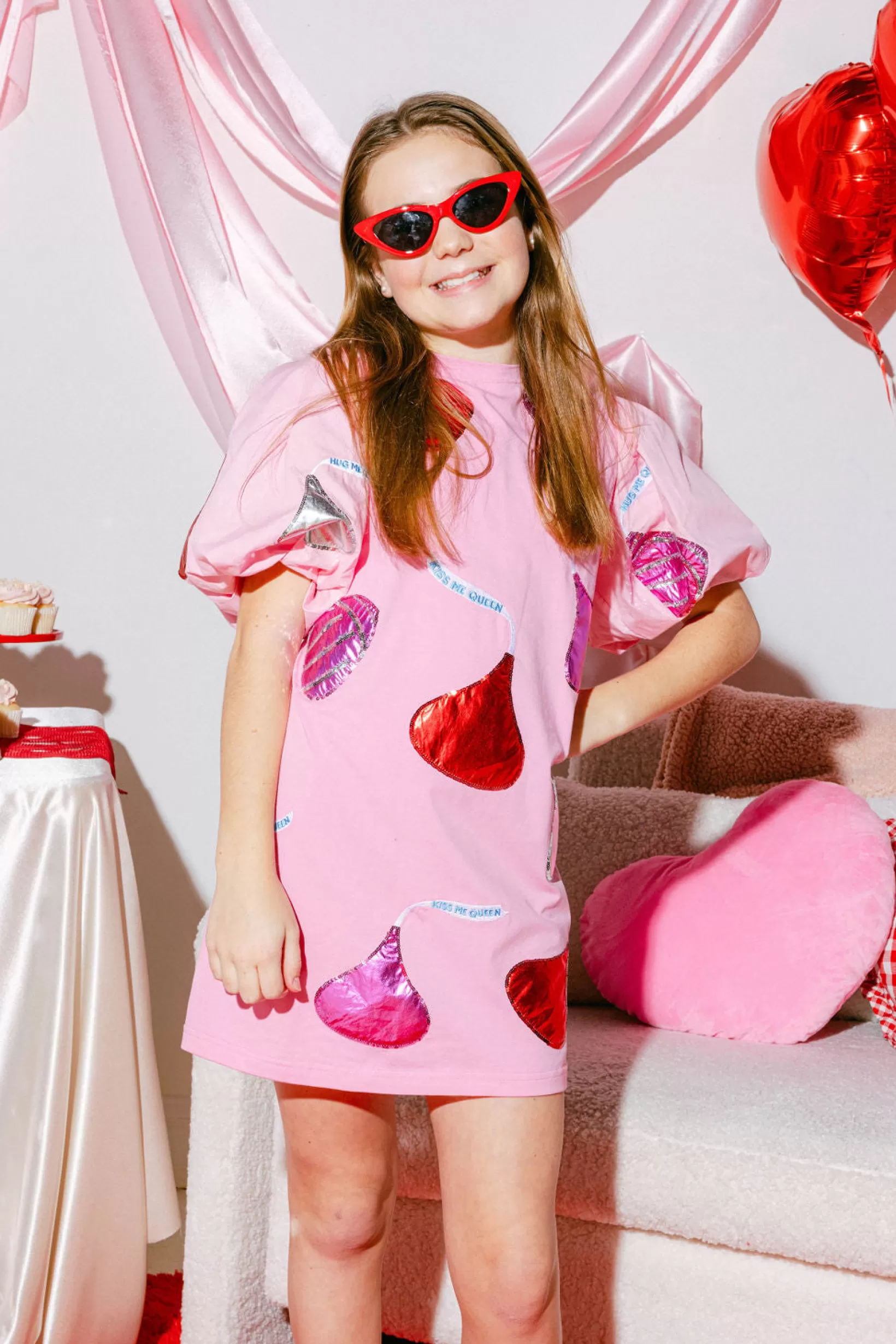 Best Sale Queen of Sparkles Kids Pink Kiss Me Queen Poof Sleeve Dress Dark Pink