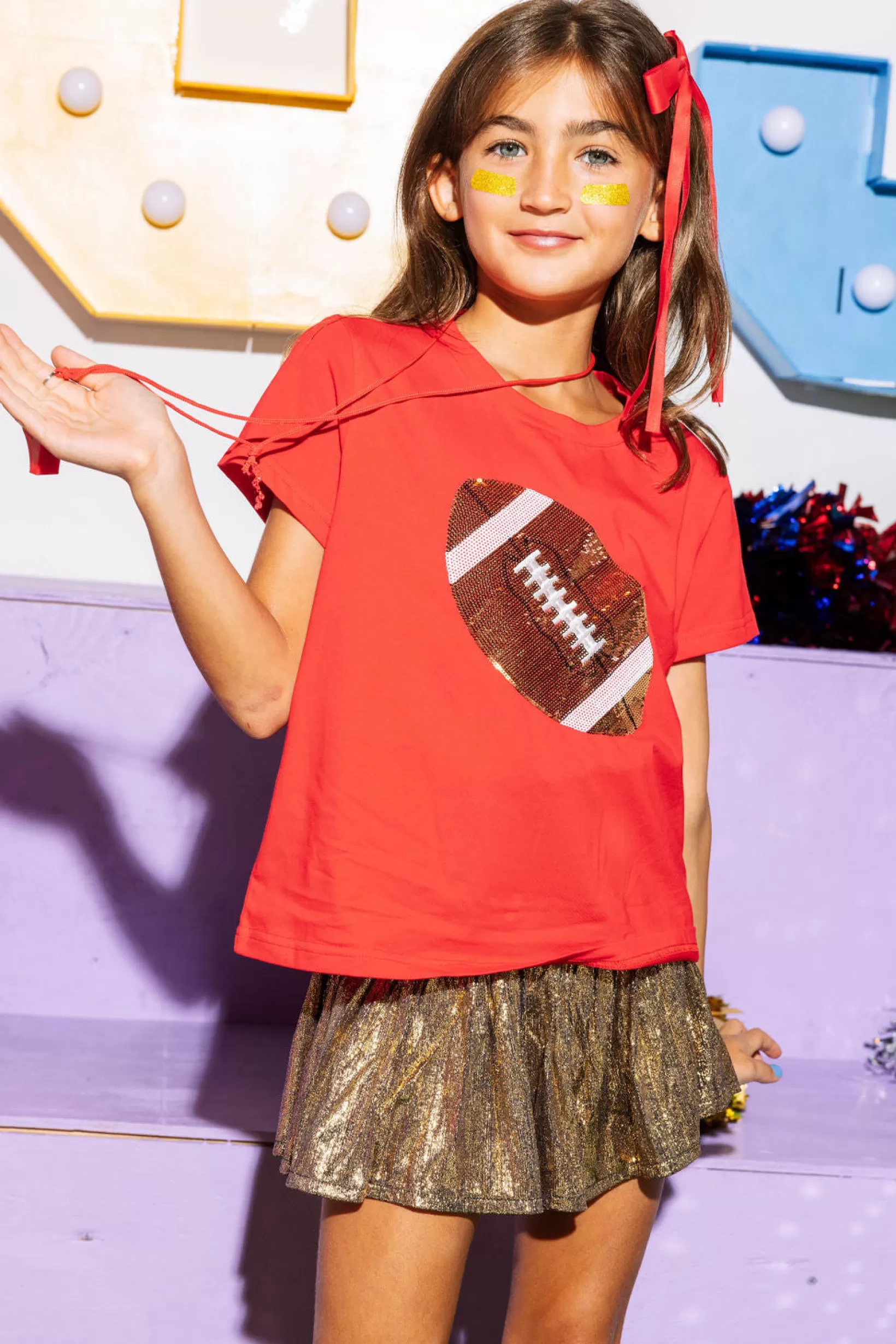 Clearance Queen of Sparkles Kids & Gold Football Tee Red