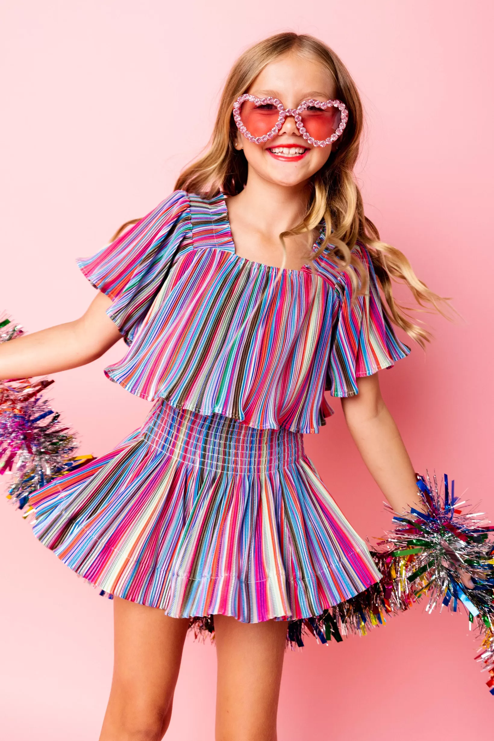 Sale Queen of Sparkles Kids Red Rainbow Stripe Flutter Top