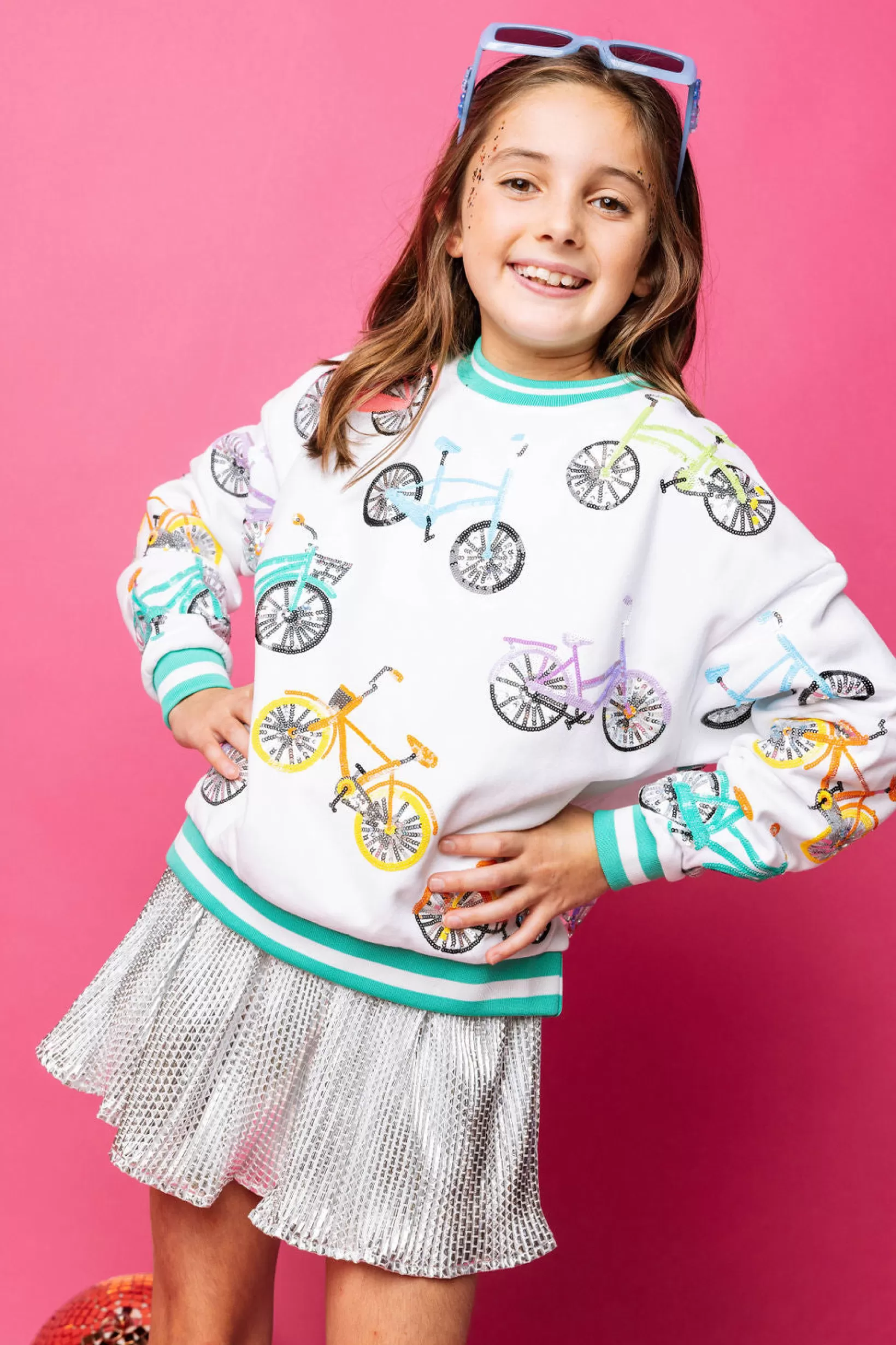 Sale Queen of Sparkles Kids Bike Sweatshirt with Aqua Sport Stripe White