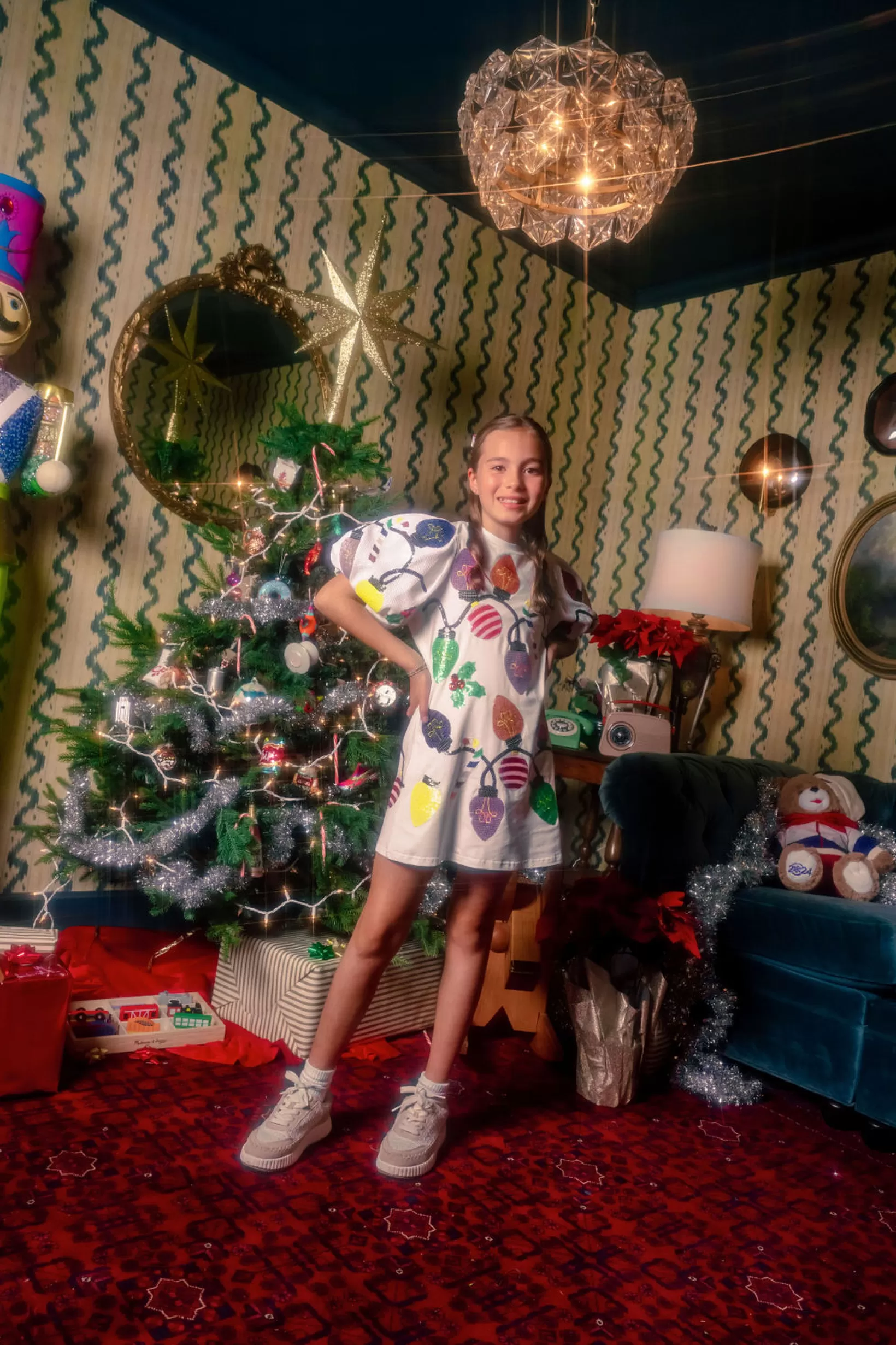 Cheap Queen of Sparkles Kids Christmas Lights Tee With Poof Sequin Sleeve Dress White