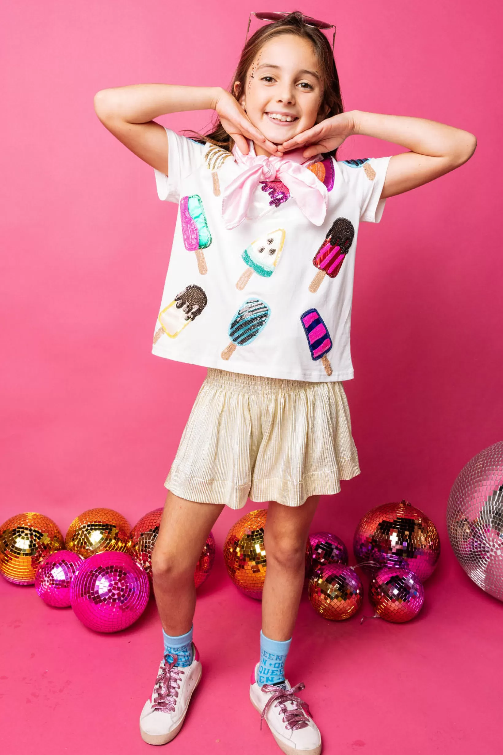 Fashion Queen of Sparkles Kids Scattered Multi Color Popsicle Tee White