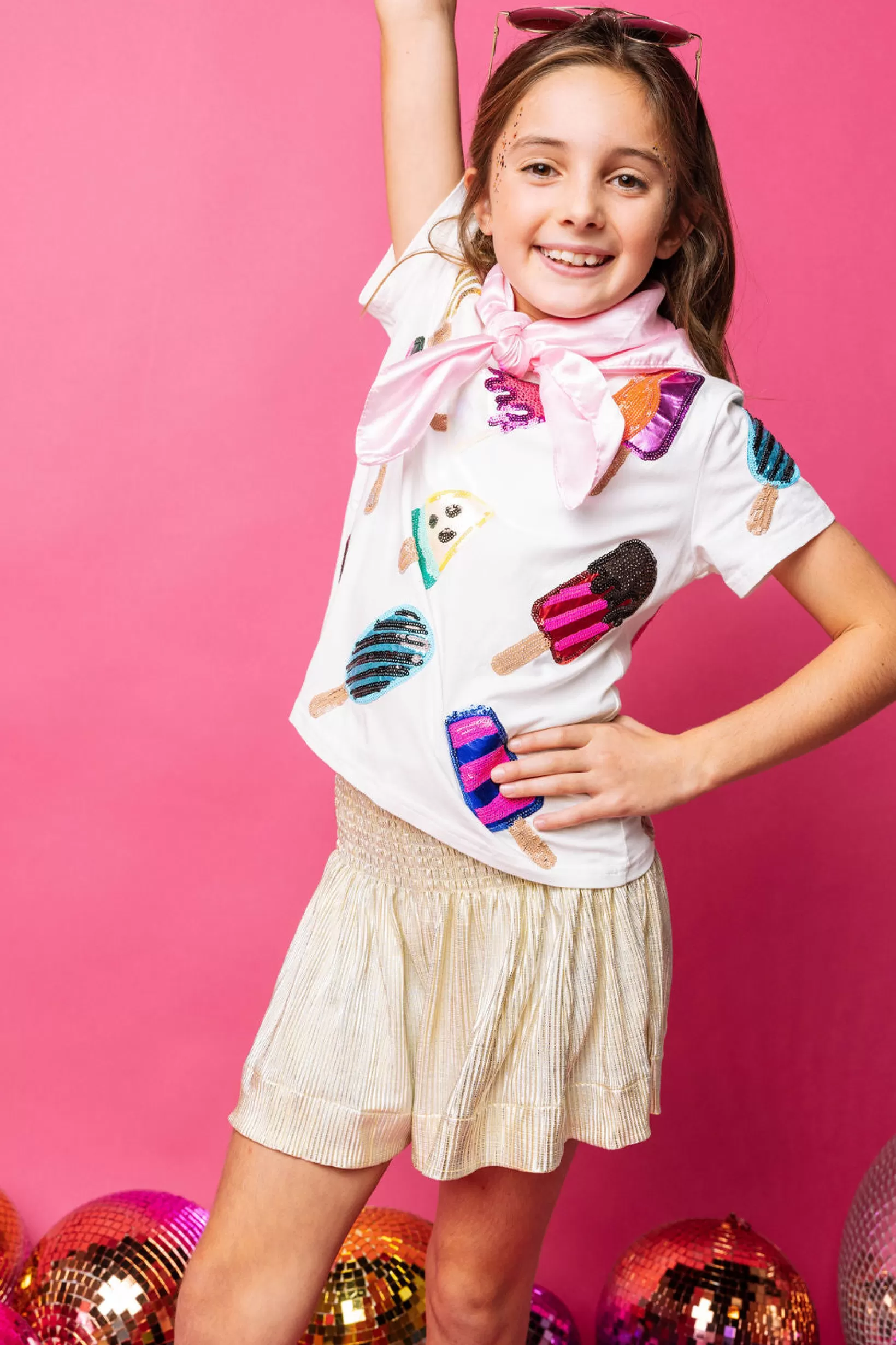 Fashion Queen of Sparkles Kids Scattered Multi Color Popsicle Tee White