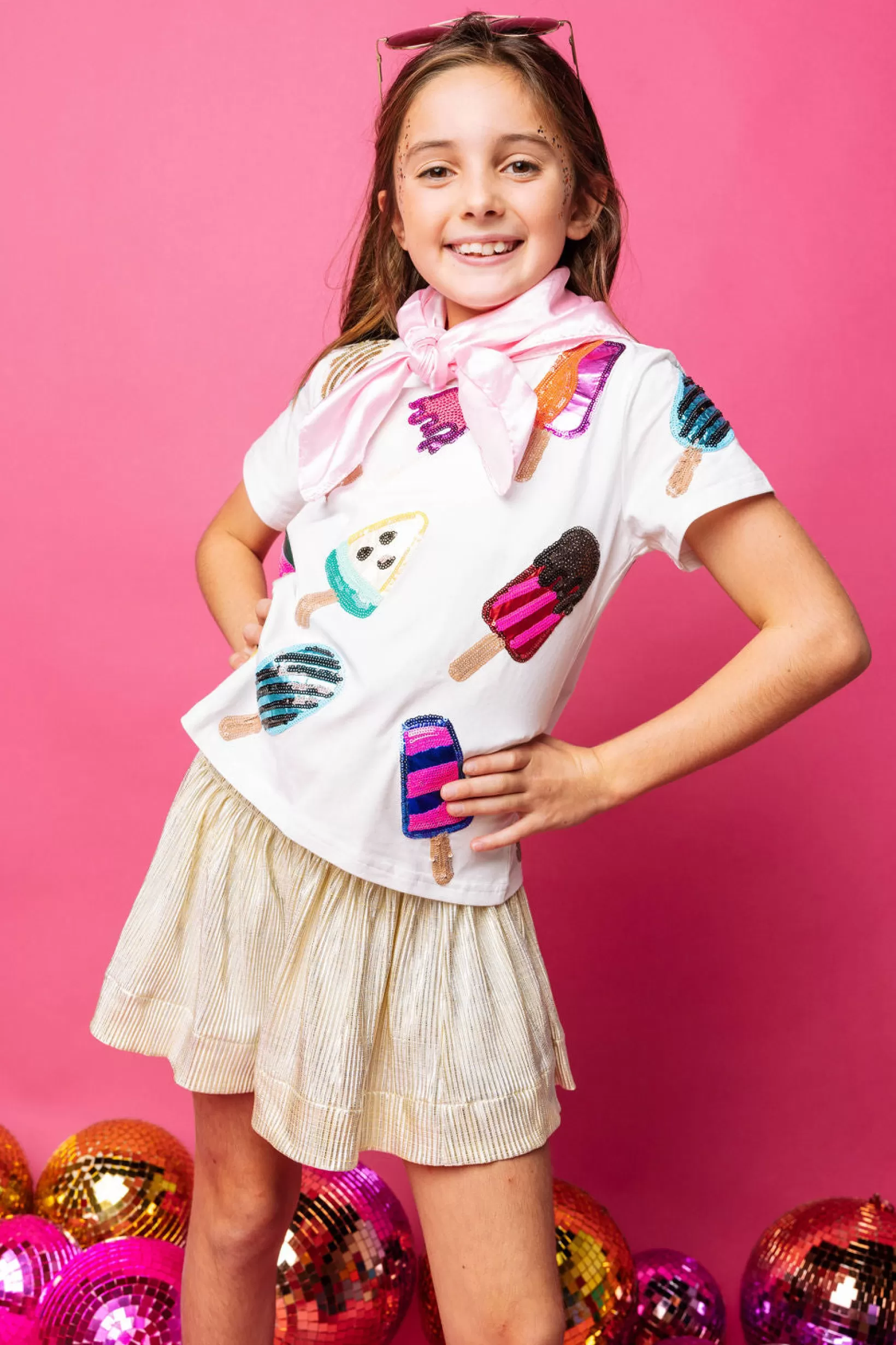 Fashion Queen of Sparkles Kids Scattered Multi Color Popsicle Tee White