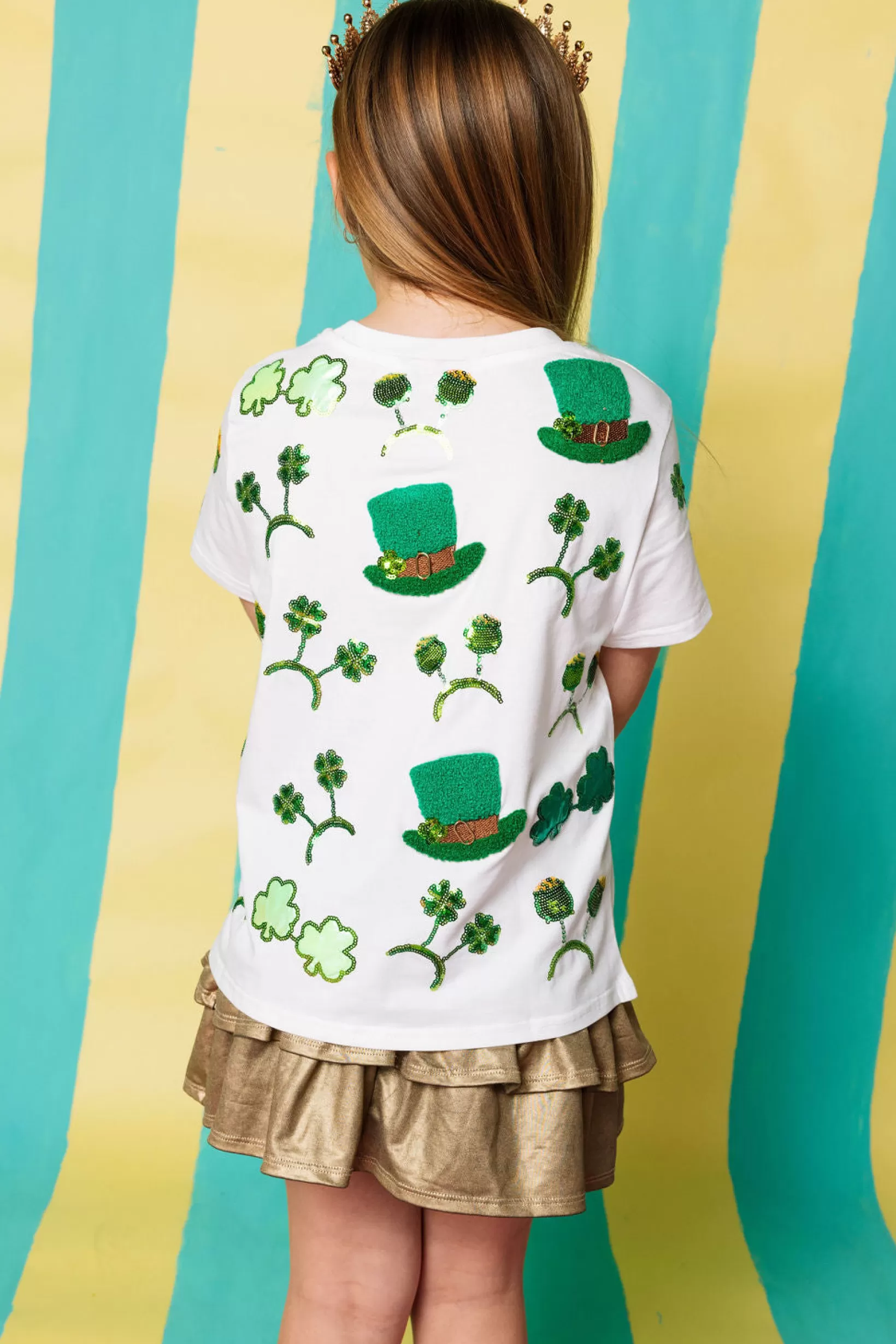 Hot Queen of Sparkles Kids St. Patrick's Day Sunglass, Hat & Headband Icon Tee White