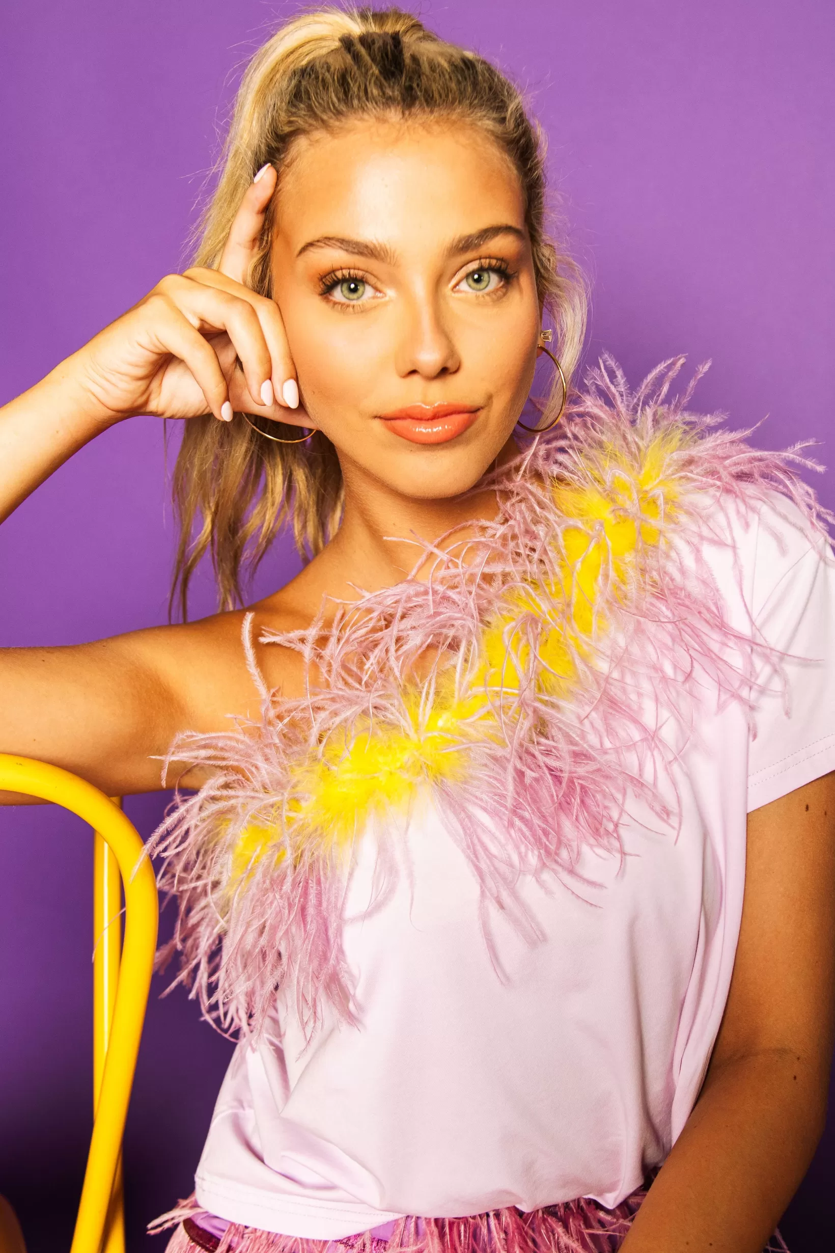 Best Sale Queen of Sparkles Lavender & Yellow One Shoulder Feather Tee White