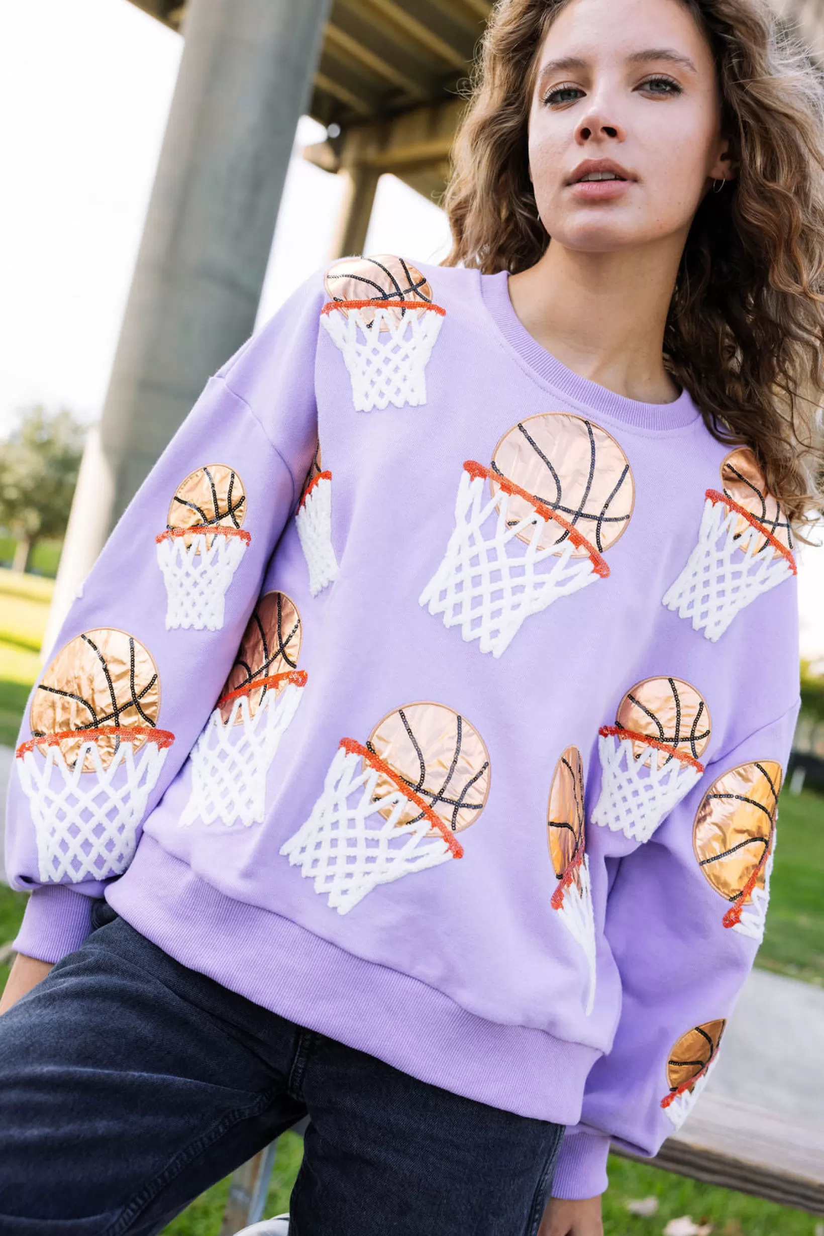 Clearance Queen of Sparkles Basketball Hoop Sweatshirt Lavender