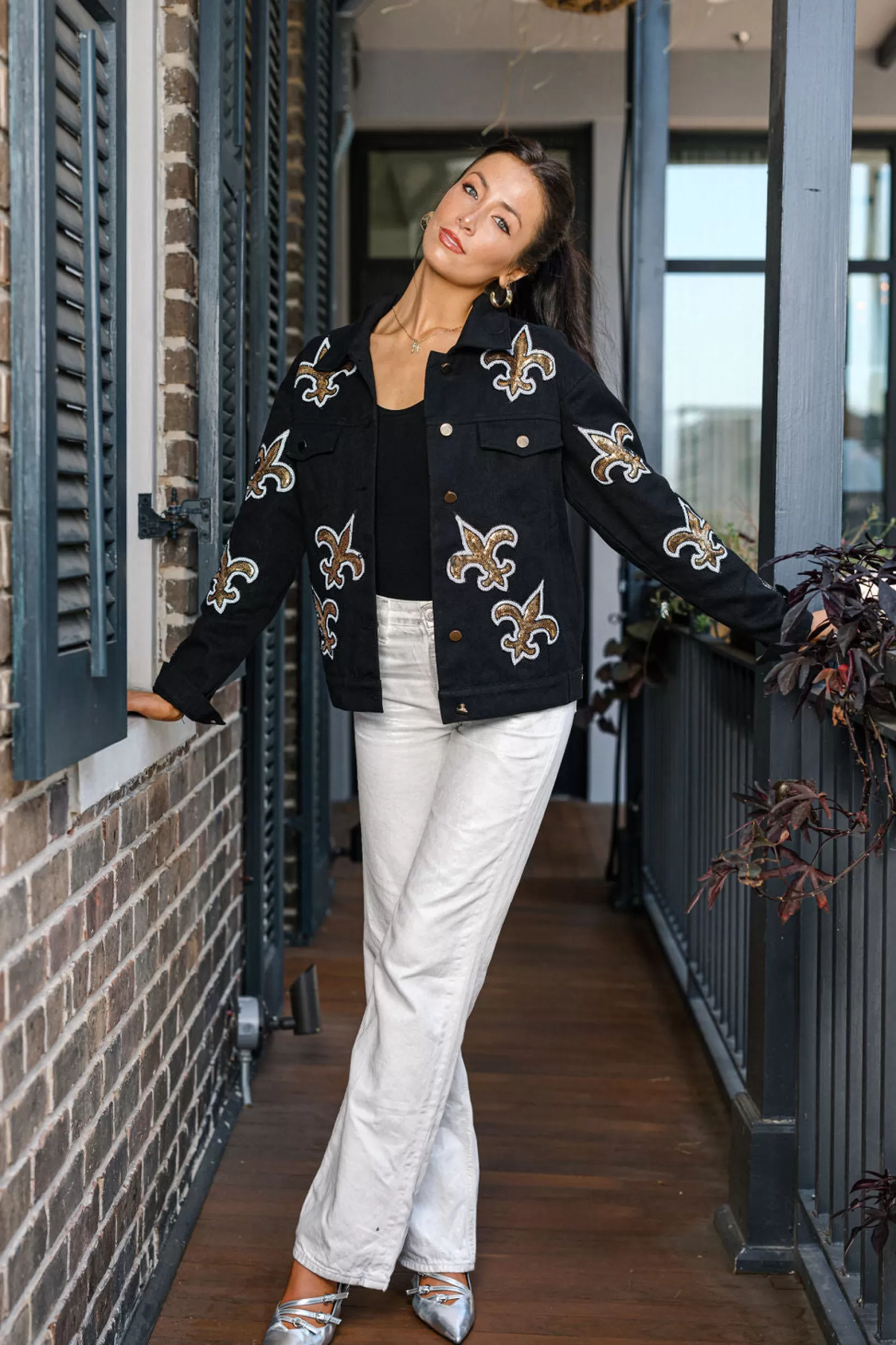 Outlet Queen of Sparkles Licensed Scattered Fleur De Lis Denim Jacket Black