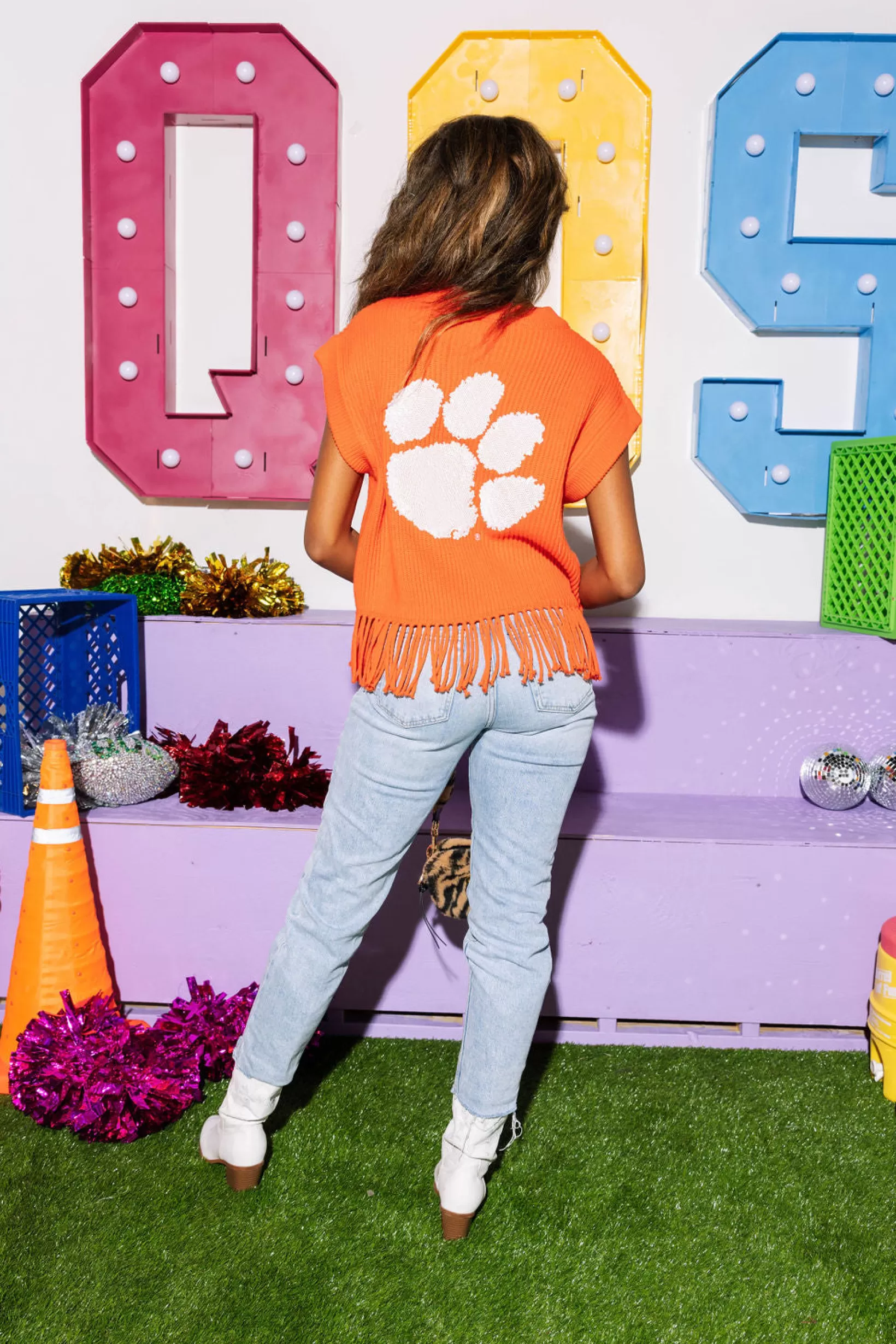 Discount Queen of Sparkles Licensed- Clemson & Purple 'Tigers' Fringe Sweater Vest Orange