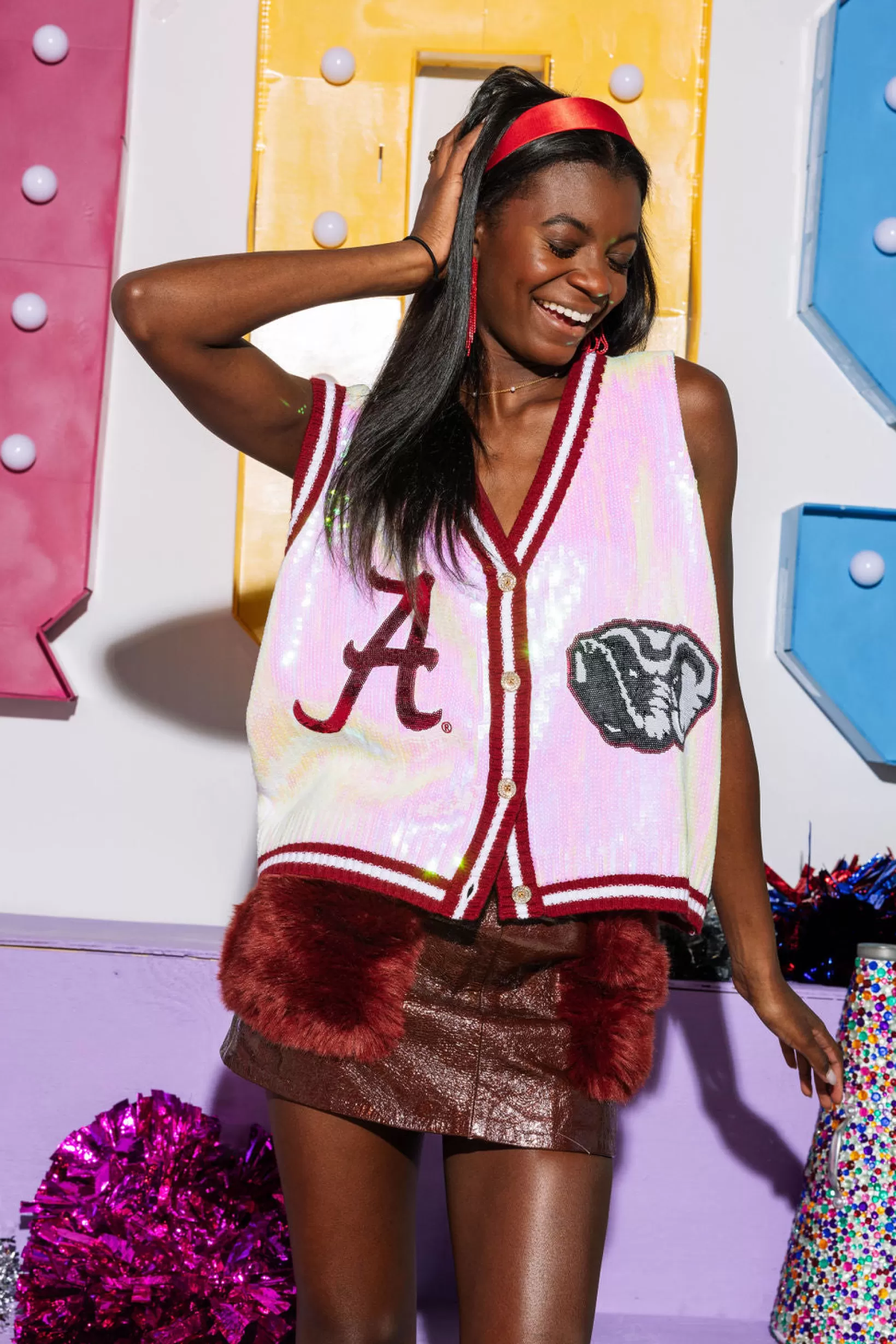 Shop Queen of Sparkles Licensed- Crimson & Full Sequin Alabama Elephant Button Up Sweater Tank White