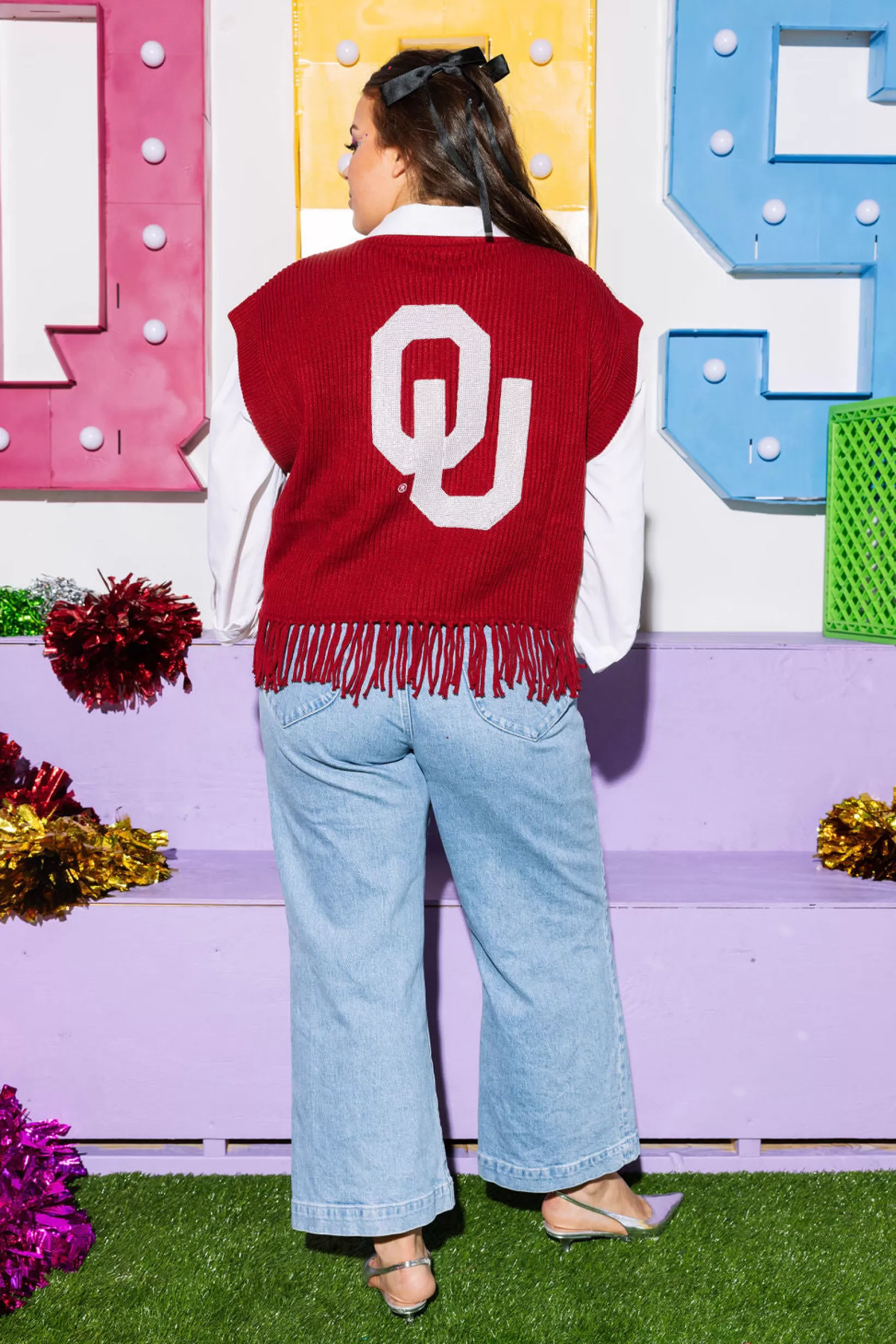 Discount Queen of Sparkles Licensed- Boomer Sooner Fringe Sweater Vest Crimson