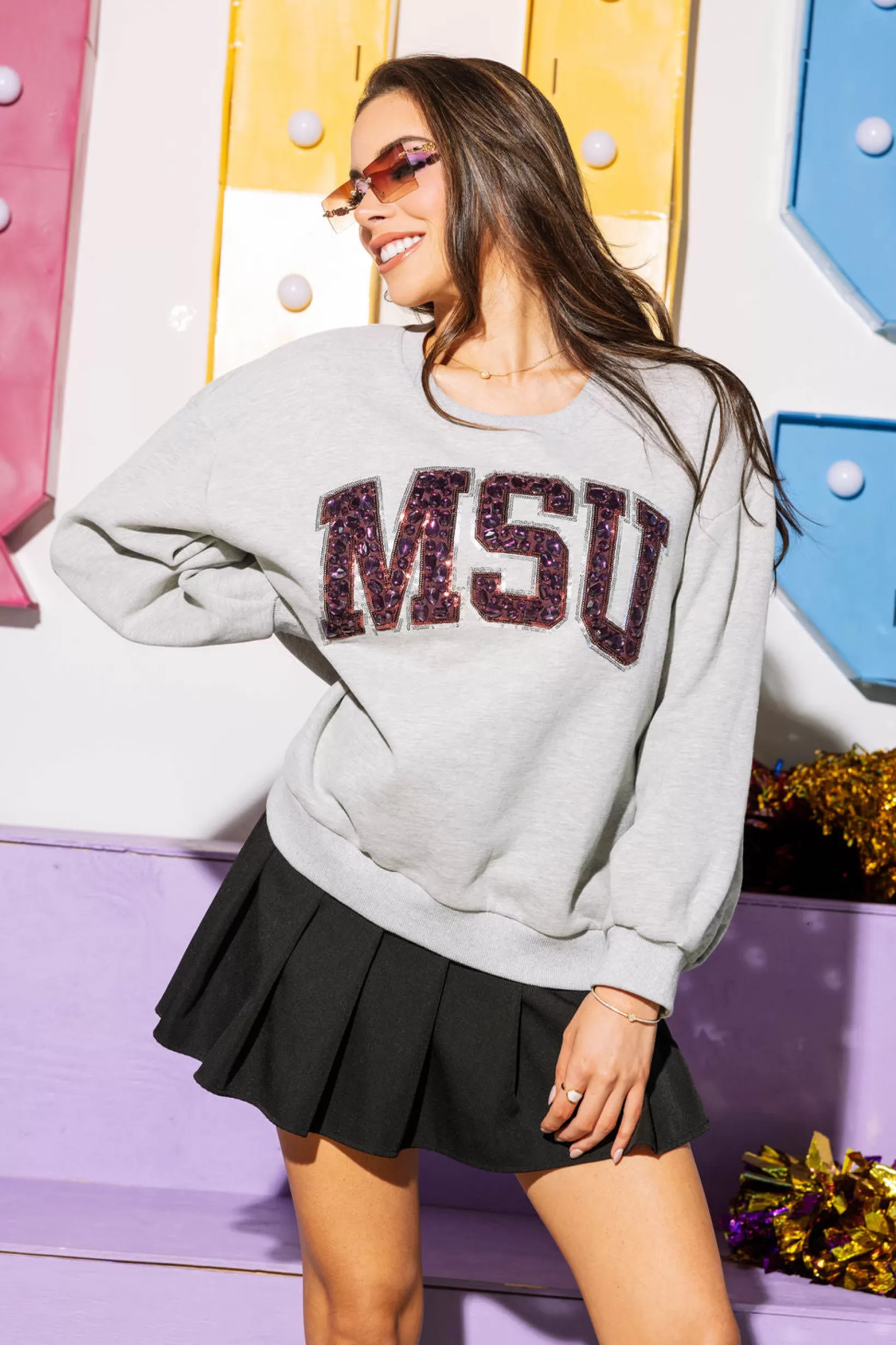 Sale Queen of Sparkles Licensed MSU Jeweled Letter Sweatshirt Grey