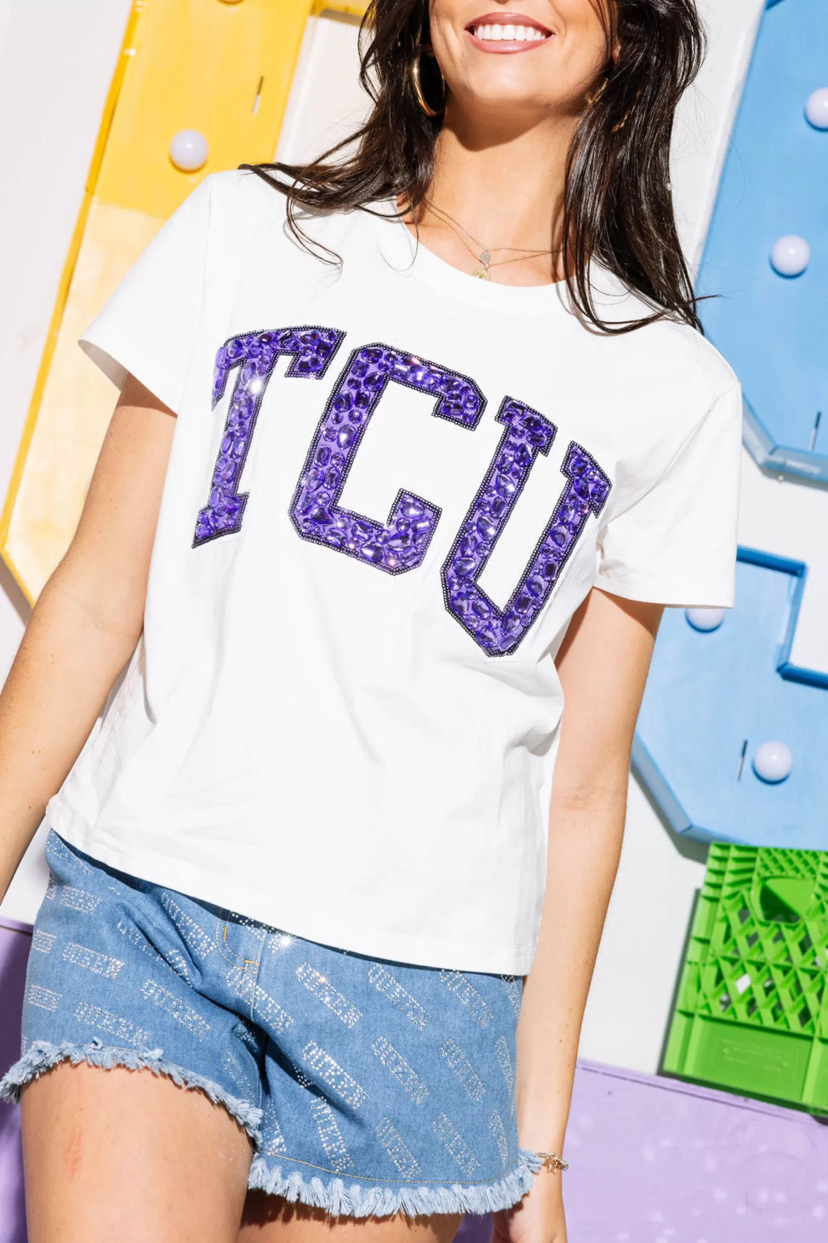 Best Sale Queen of Sparkles Licensed TCU Jeweled Letter Tee White