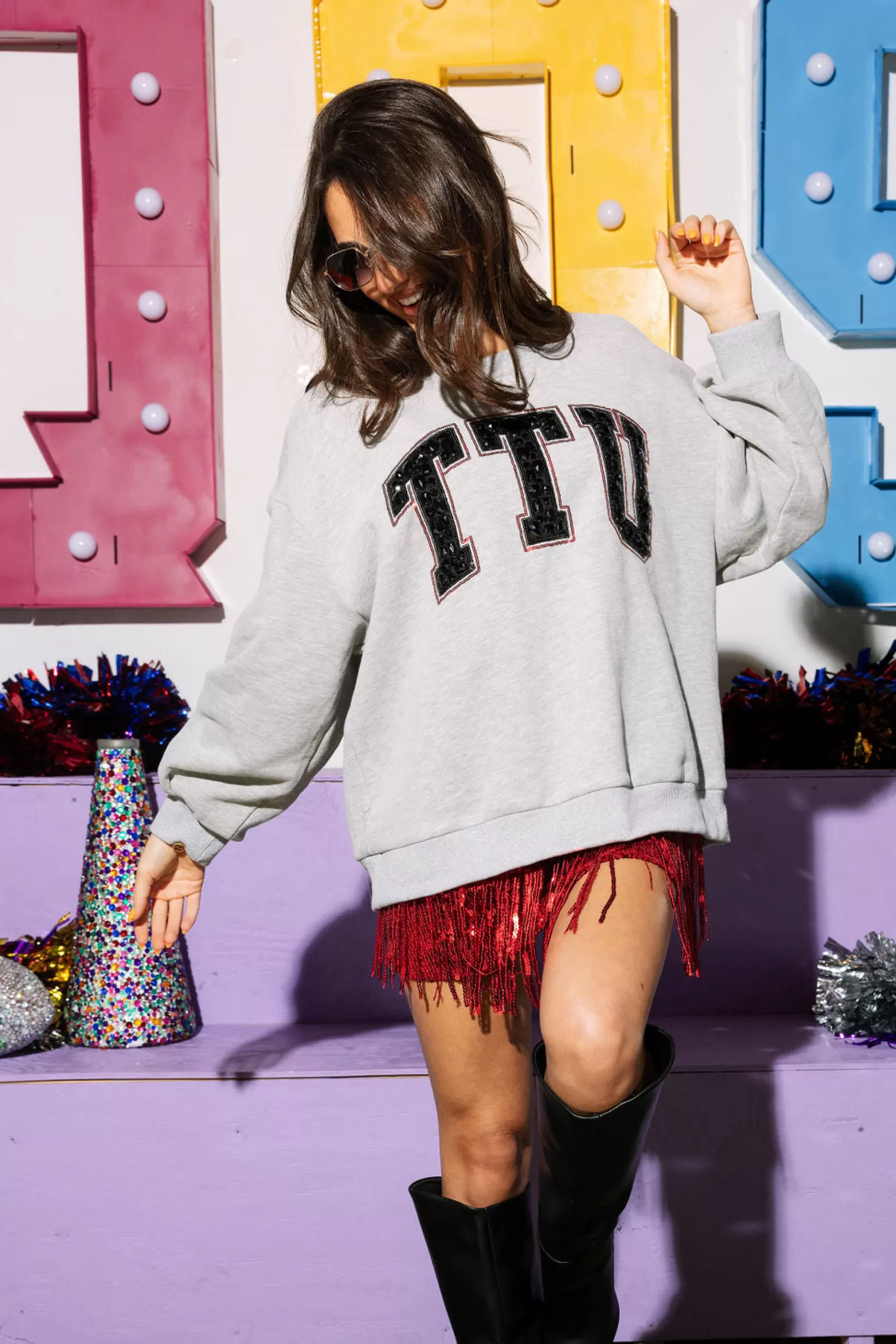 Sale Queen of Sparkles Licensed- TTU Jeweled Letter Sweatshirt Grey